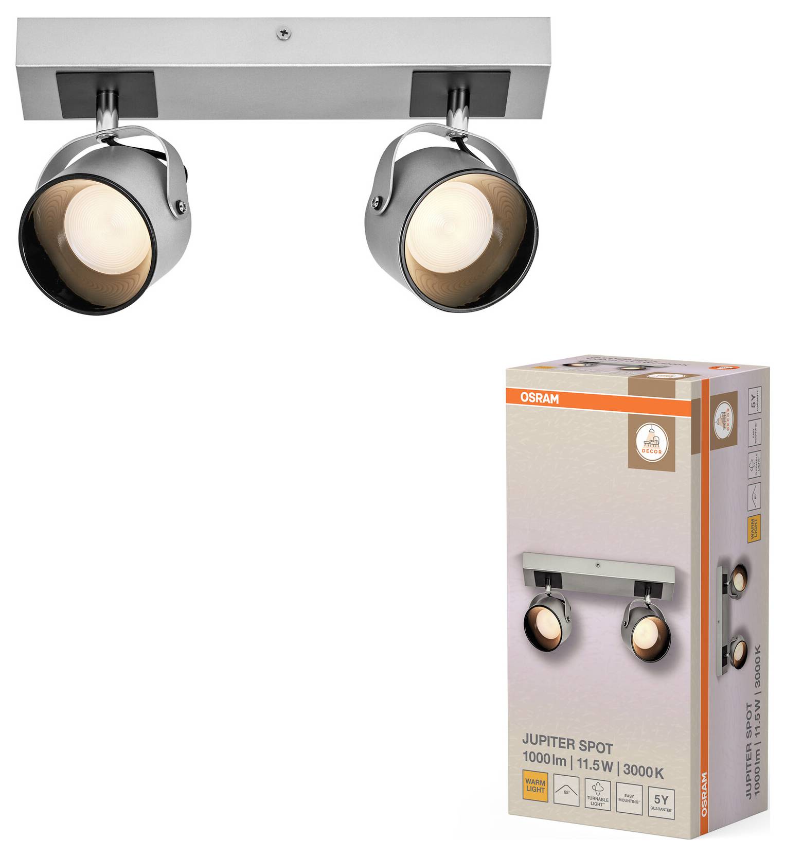 Produktbild einer OSRAM JUPITER SPOT Doppelspot-Deckenleuchte mit zwei verstellbaren Lampen und ihrer Einzelhandelverpackung, gekennzeichnet mit 1000 lm, 11,5 W, 3000 K.