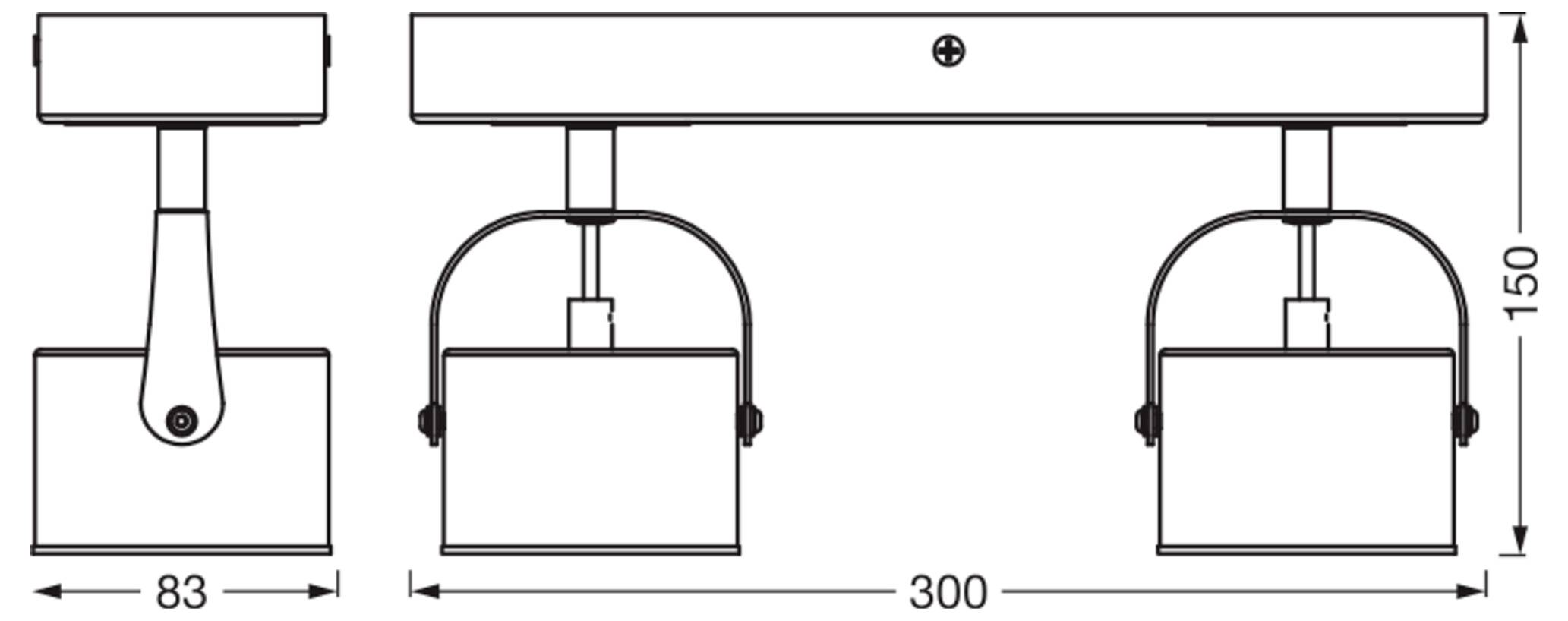 Technische Zeichnung einer Leuchte mit einer und zwei Hängeleuchten-Positionen, mit den Abmessungen 300 mm Breite und 150 mm Höhe, mit einer Basisbreite von 83 mm.