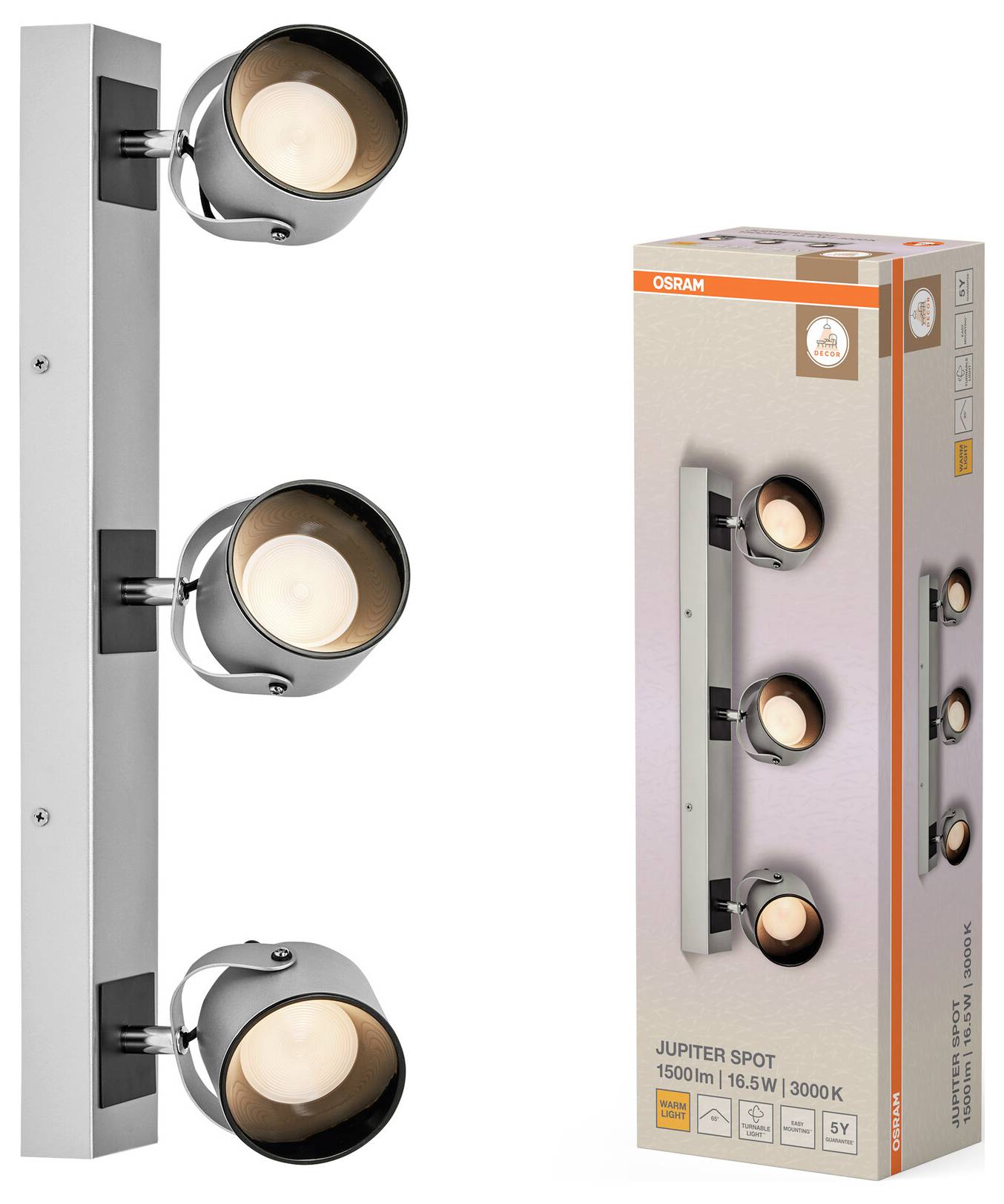 Dreiflammiger Wandstrahler in gebürsteter Metallausführung, dargestellt neben seiner OSRAM JUPITER SPOT Produktverpackung.