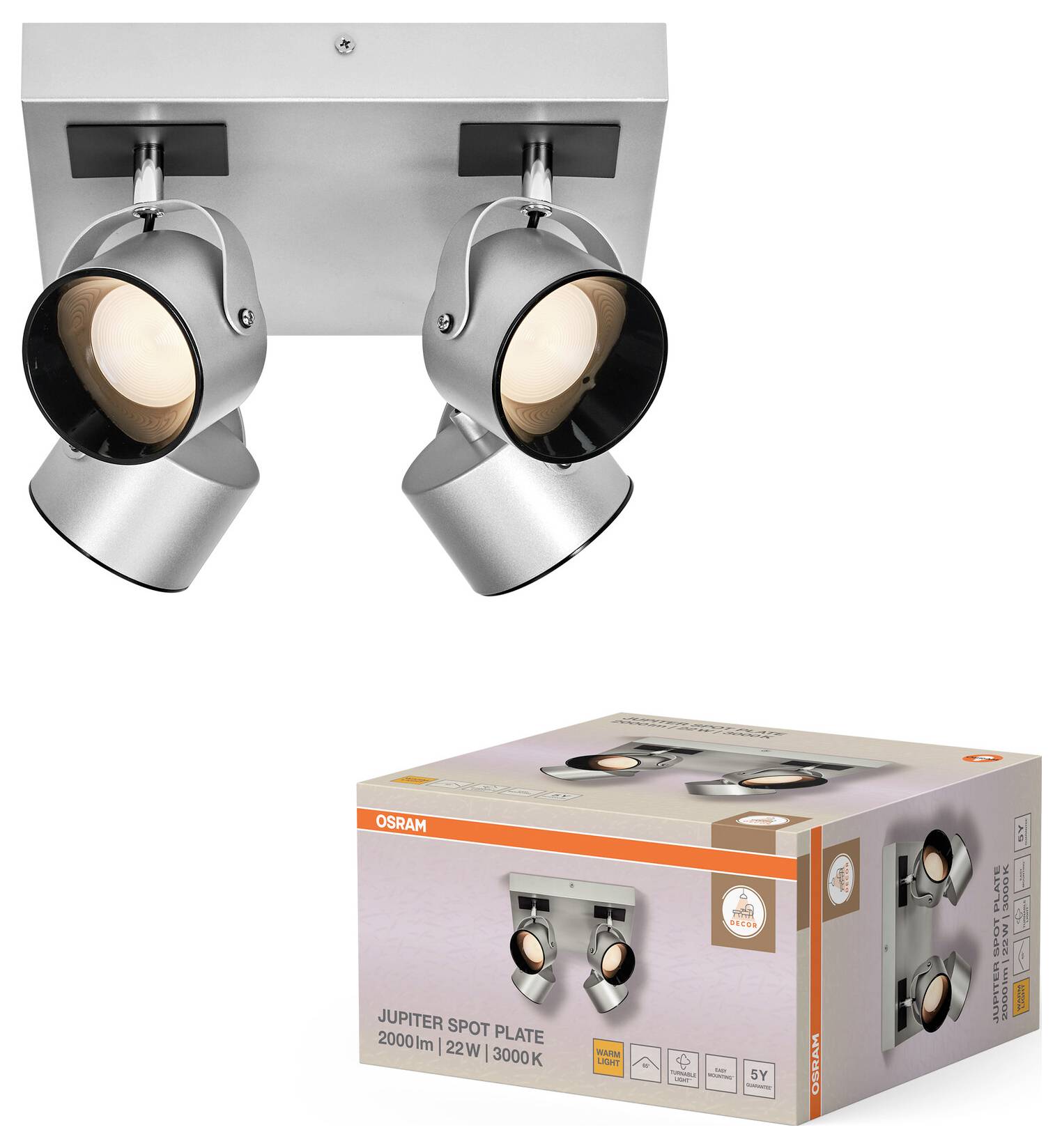 Foto einer silbernen zweiflammigen Schienenfassung, dargestellt mit ihrer Produktbox mit der Aufschrift „JUPITER SPOT PLATE 2000lm | 22W | 3000K