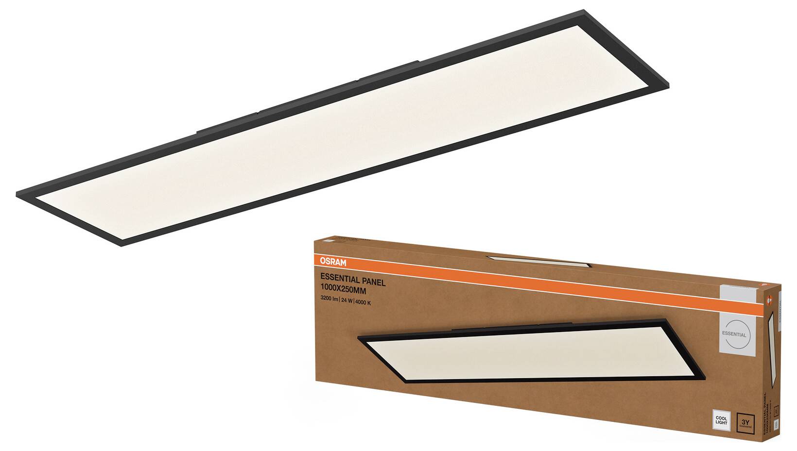 Schwarzgerahmtes rechteckiges LED-Deckenflächenlicht, das leuchtend über seiner orangefarbenen Produktkartonverpackung abgebildet ist.