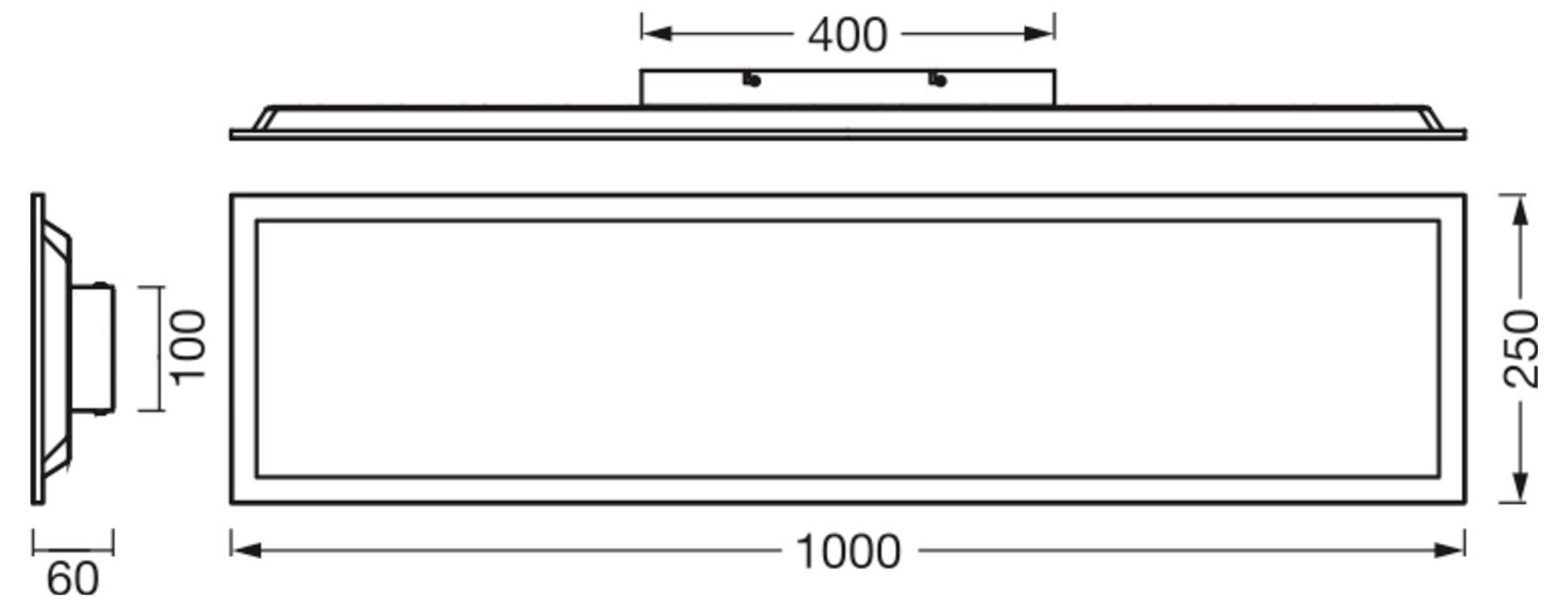Technische Zeichnung einer rechteckigen Wandleuchte, zeigt Front- und Seitenansichten mit Abmessungen: 1000 mm Breite, 250 mm Höhe, 400 mm Oberlänge und 60/100 mm Tiefe.
