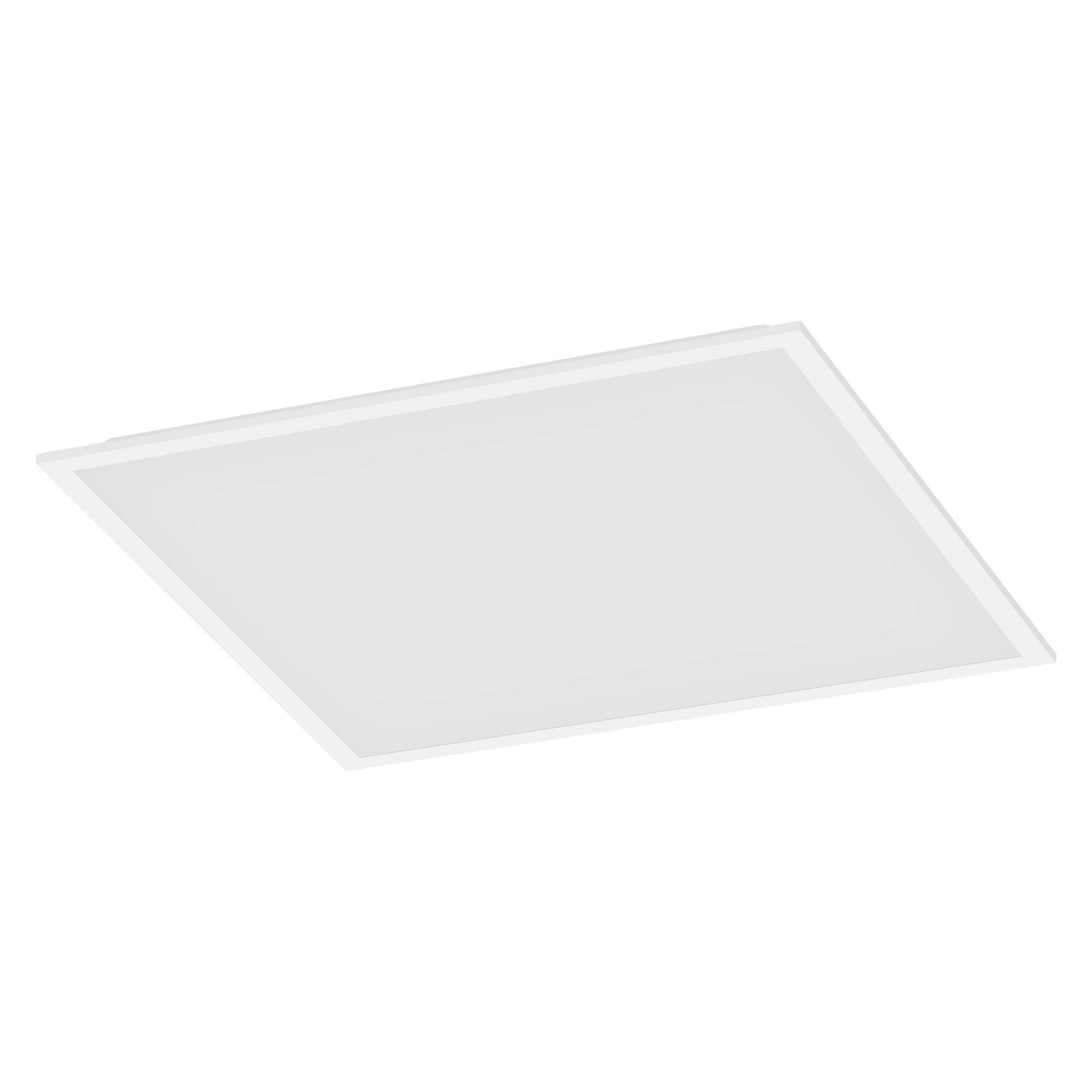 Ein dünnes weißes rechteckiges Deckenleuchten-Panel, das in einem Winkel auf einem einfachen Hintergrund betrachtet wird.