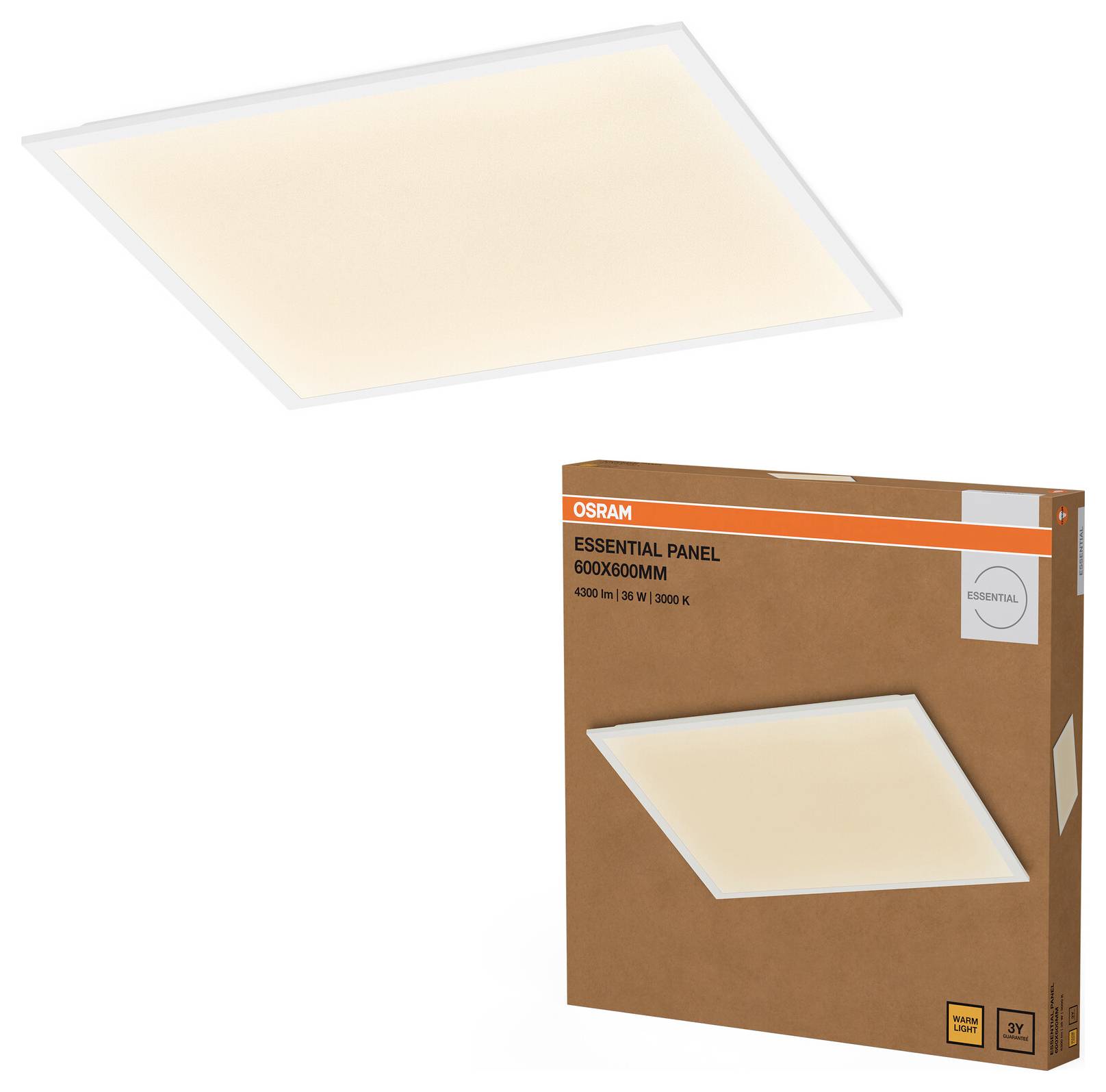 OSRAM Essential Panel LED-Deckenleuchte leuchtend gezeigt, mit ihrer braunen Produktschachtel mit der Aufschrift „ESSENTIAL PANEL