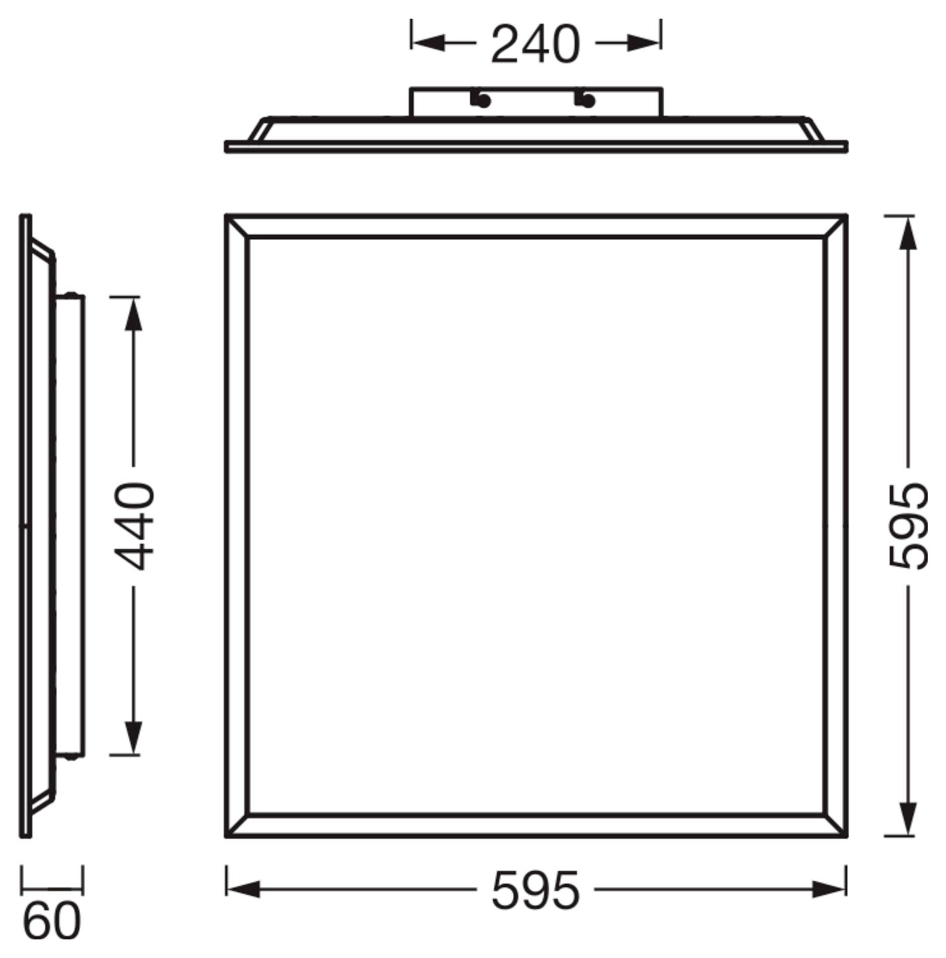 Technische Zeichnung eines quadratischen Panels oder Spiegels mit Vorder-, Seiten- und Draufsicht mit den Abmessungen 595 mm x 595 mm, Tiefe 60 mm und Montagebr eite 240 mm.