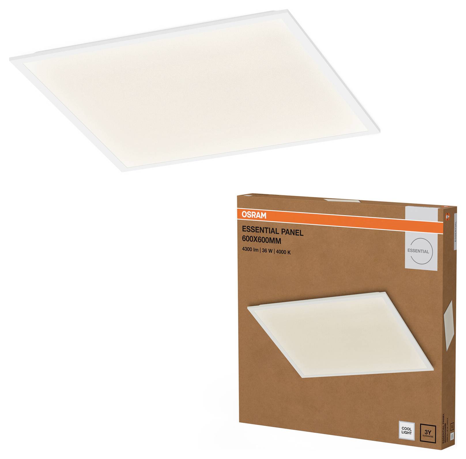 OSRAM Essential Panel LED-Deckenleuchte, 600 x 600 mm, abgebildet installiert über ihrer Produktkartonverpackung.