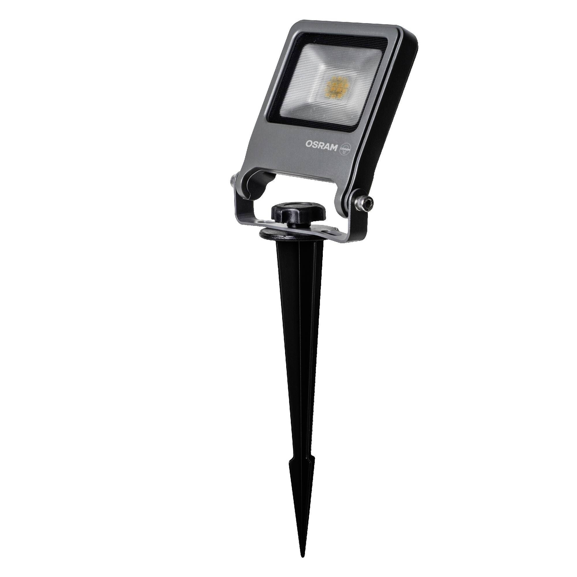 Black OSRAM outdoor LED spotlight on a ground stake, angled for landscape or garden lighting.