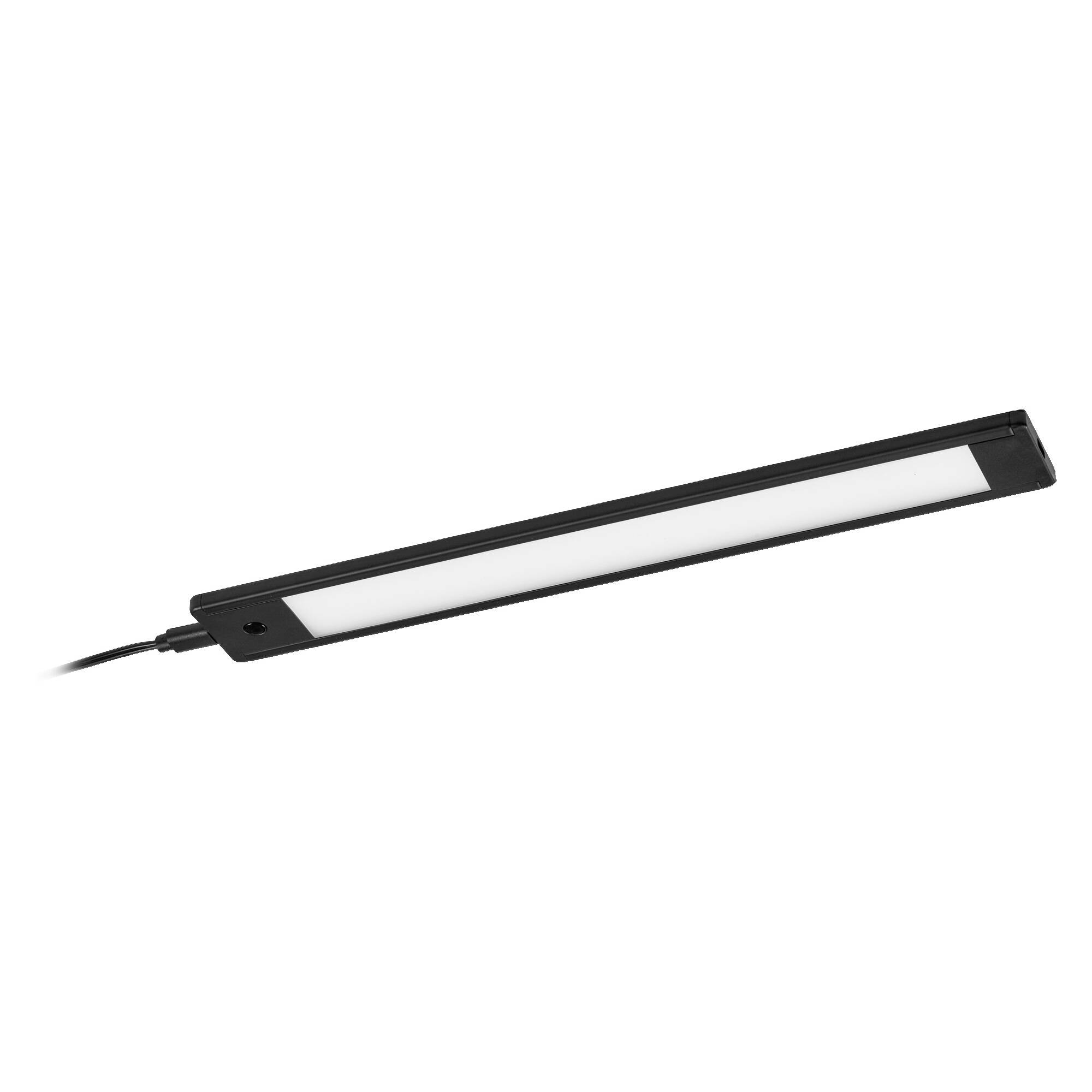 Schwarze schlanke LED-Leuchtenleiste mit angeschlossenem Stromkabel auf weißem Hintergrund.