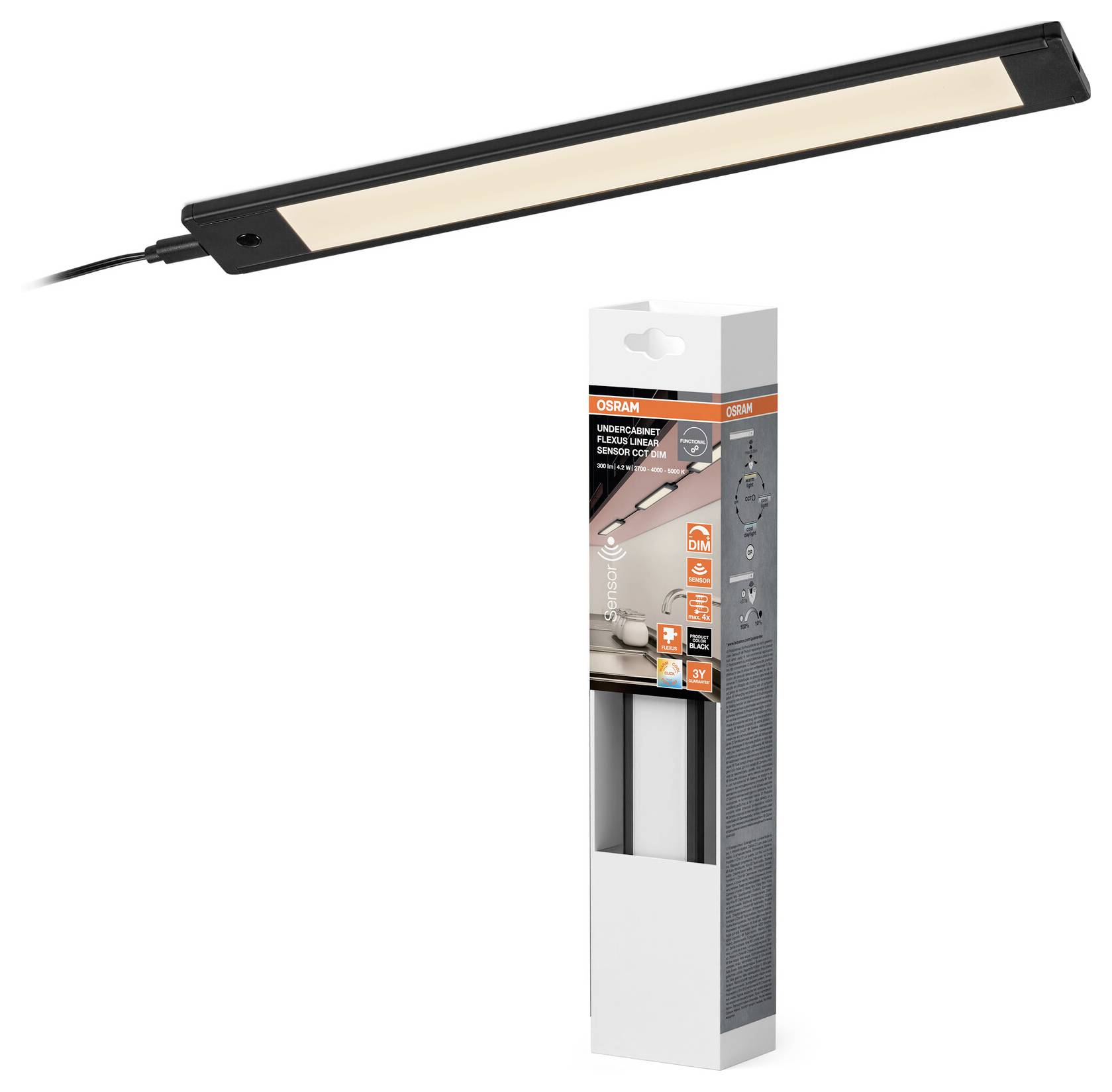 Schwarze LED-Unterbauleuchte gezeigt mit ihrer OSRAM-Produktkartonverpackung.