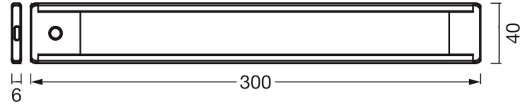 Technische Zeichnung eines langen rechteckigen Stabes, mit einer Breite von 300 mm und einer Höhe von 40 mm gekennzeichnet, mit einem 6 mm Endbereich und Befestigungslöchern.