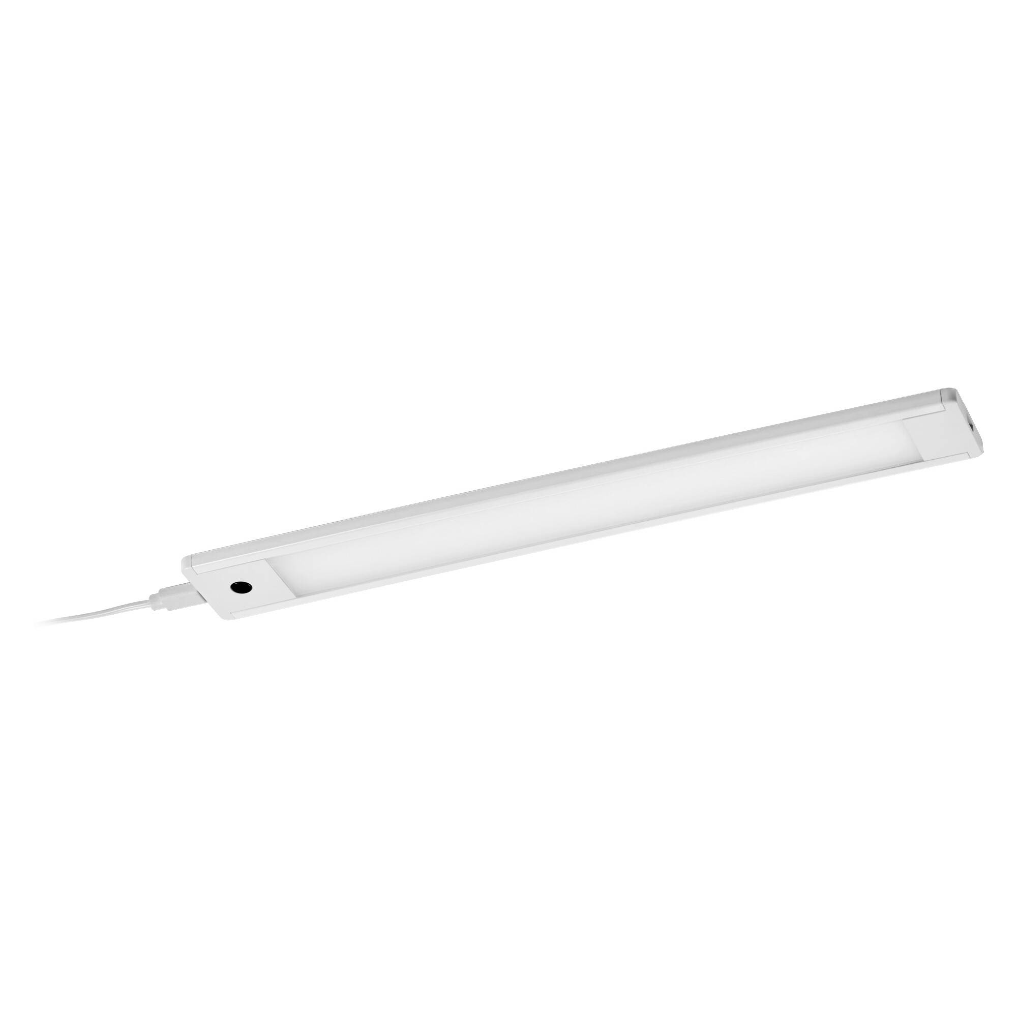 White LED strip light fixture with a slim rectangular diffuser and attached power cord on a plain background