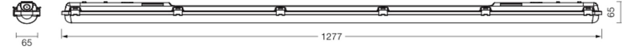 Technische Linienzeichnung einer horizontal ausgerichteten zylindrischen Leuchte mit einer Länge von 1277 mm und einer Breite von 65 mm.