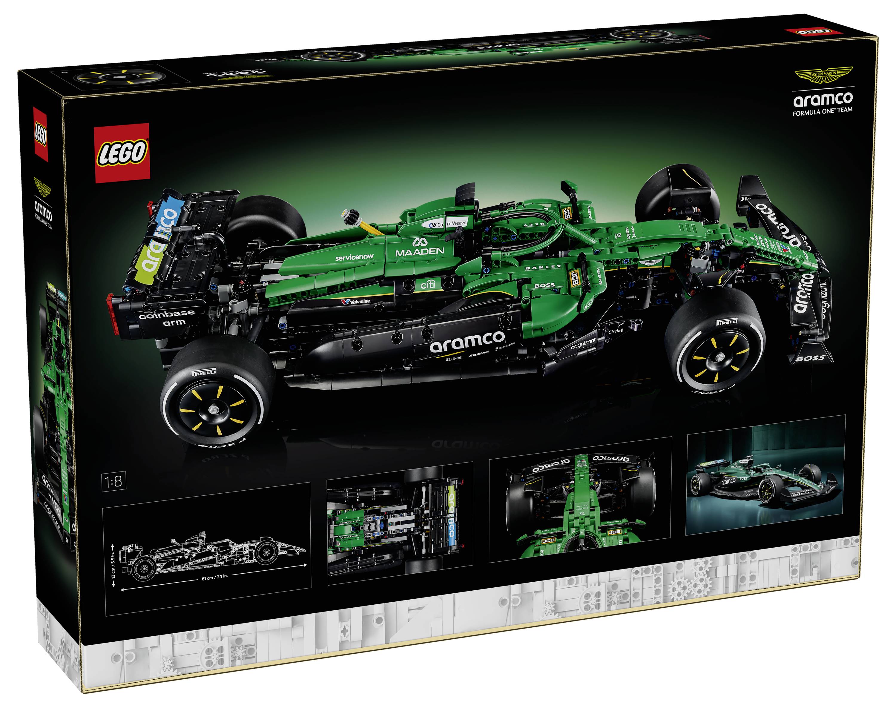 LEGO Technic Verpackung mit einem grün-schwarzen Aston Martin Aramco Formel-1-Automodell, mit LEGO- und Aramco-Logos auf der Verpackung.