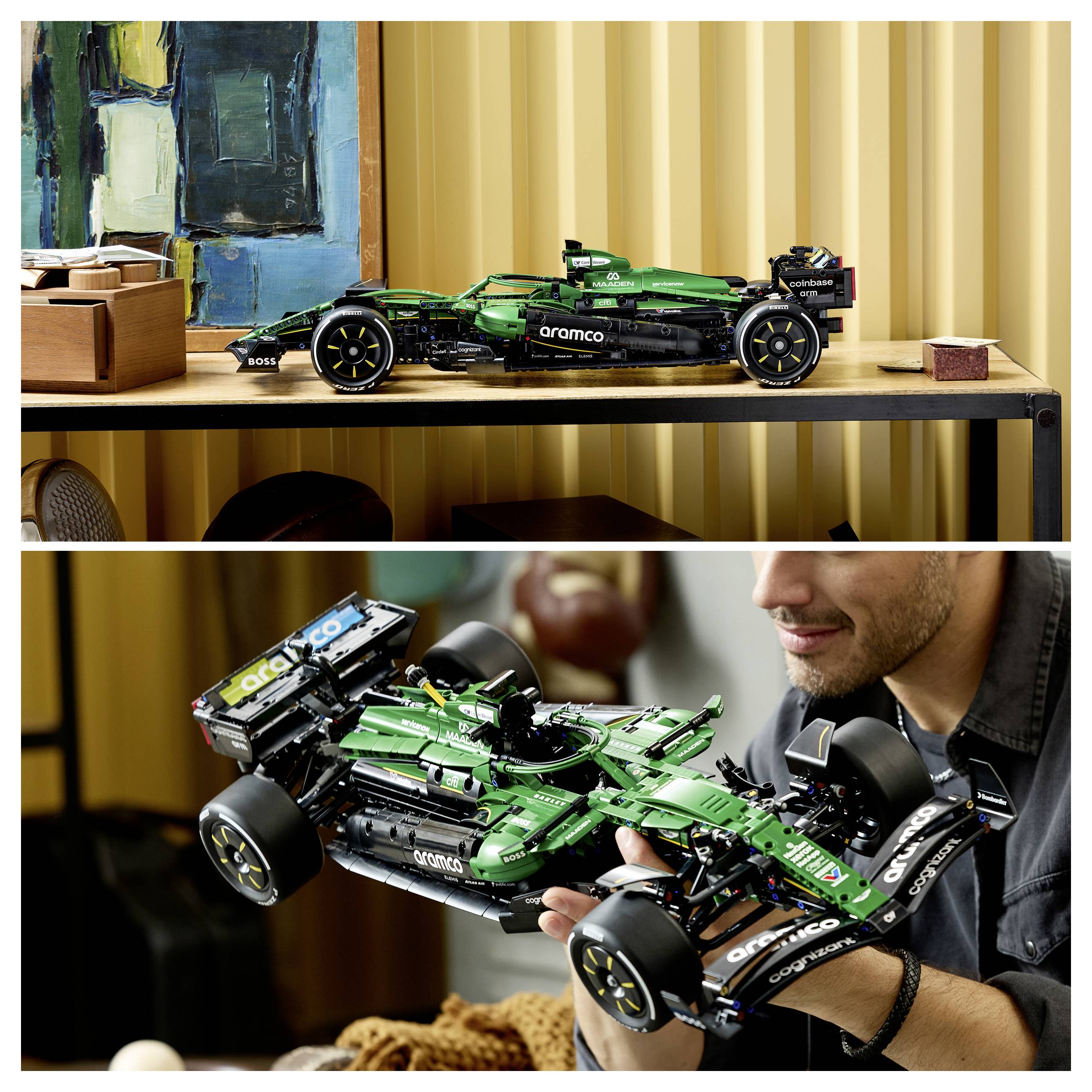 Ein grünes Formel-1-Modellauto auf einem Regal, dann ein Mann, der das gleiche detaillierte Modellauto drinnen hält und bewundert.