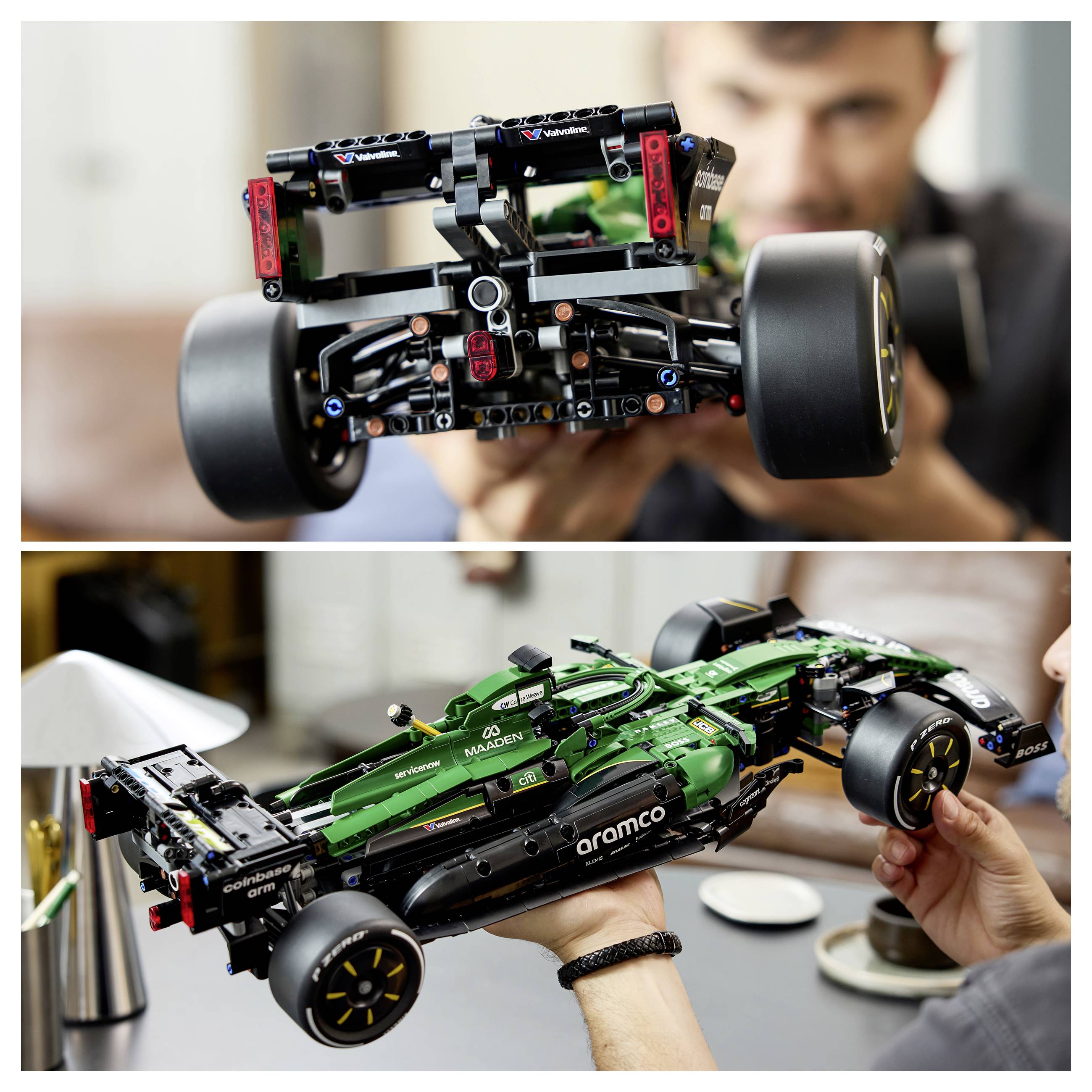 Zwei Nahaufnahmen eines grünen und schwarzen LEGO-ähnlichen Formel-1-Rennwagen-Modells, das in den Händen einer Person gehalten und präsentiert wird.