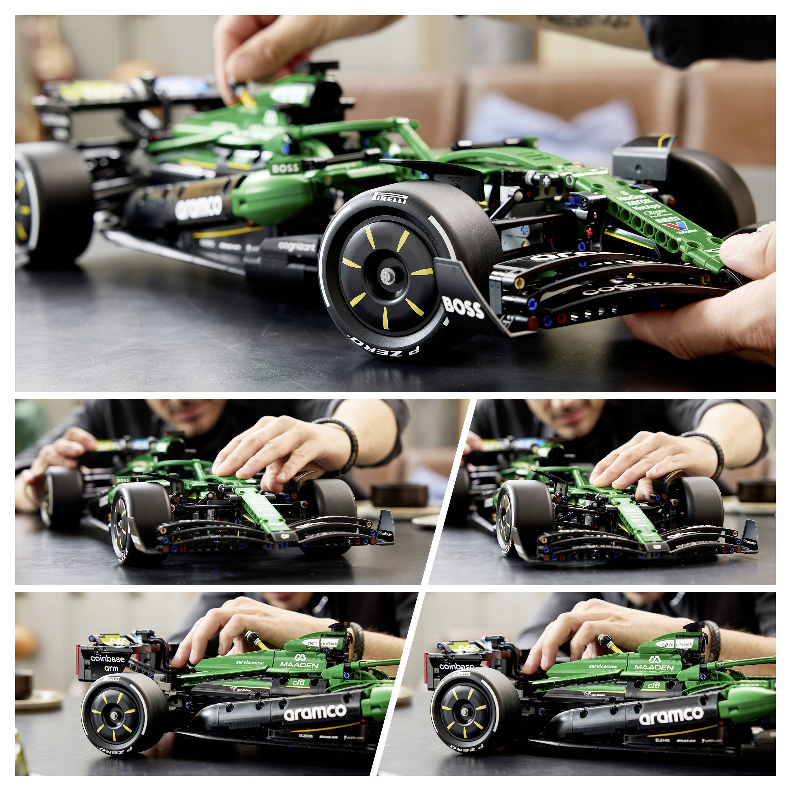 Hände bauen ein grünes LEGO Formel-1-Rennwagen-Modell zusammen, dargestellt in mehreren Nahaufnahmen auf einer Arbeitsfläche.