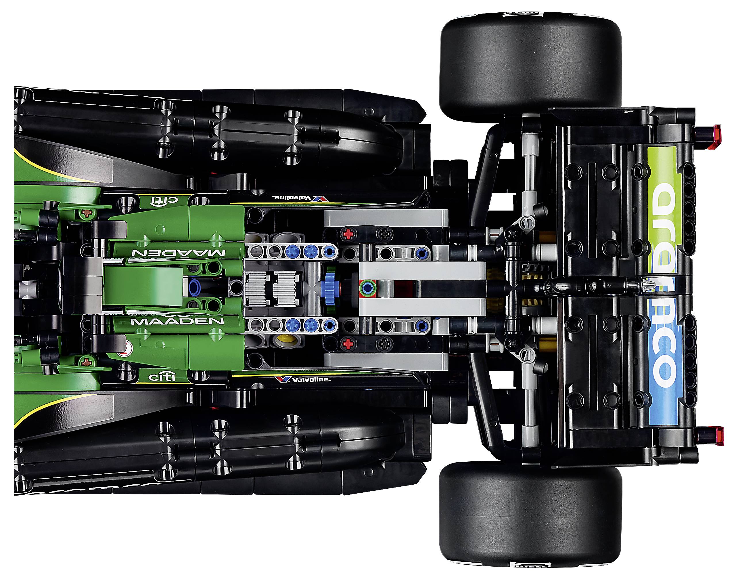 Draufsicht auf ein schwarzes und grünes LEGO Formel-1-Rennwagen mit „aramco
