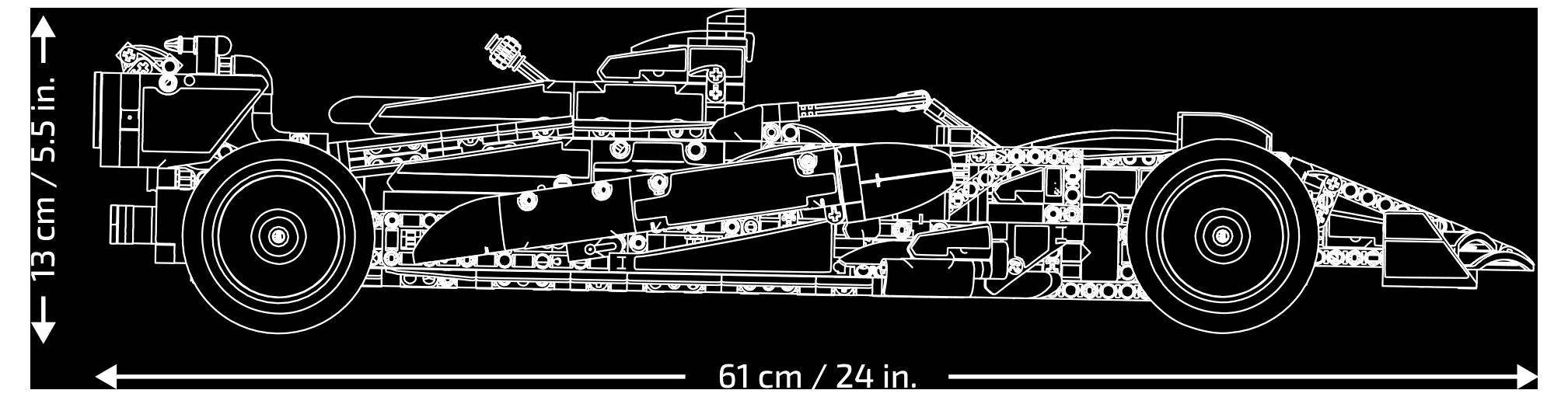 Seitenansicht-Technisches Diagramm einer flachen, räderigen Maschine mit Abmessungen: 61 cm lang und 13 cm hoch.