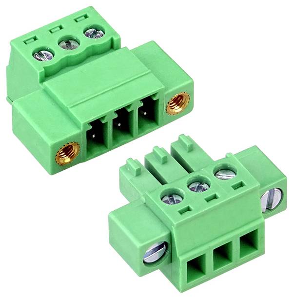 Two green 3-position screw terminal blocks shown on a white background, used for connecting wires to a circuit board.