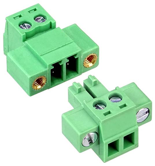 Two green 2-pin electrical terminal blocks/adapters with screw connectors on a white background.