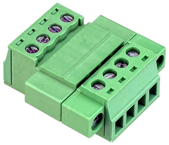 Grünes Schraubklemmenblock-Elektrostecker mit mehreren Drahtanschlüssen und Befestigungsschraubenlöchern auf weißem Hintergrund