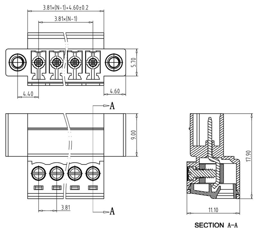 Technische Zeichnung eines Mehrfach-Steckverbinders mit Vorderansicht und Seitenansicht mit Abmessungen und Schnitt A-A Querschnitt.