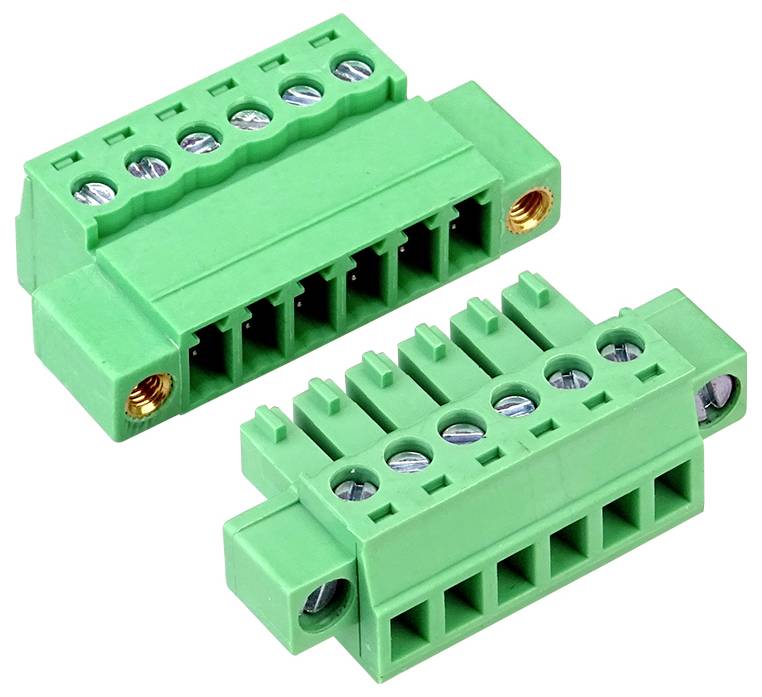 Two green screw-terminal electrical connector blocks with multiple wire ports and screw fasteners, shown on a white background.