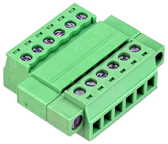Grüner elektrischer Klemmleistenverbinder mit Schraubklemmen auf weißem Hintergrund.