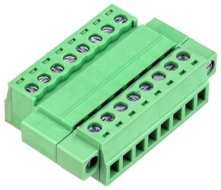 Grüner Elektriksteckverbinder mit Schraubklemmen und mehreren Anschlussöffnungen auf weißem Hintergrund.