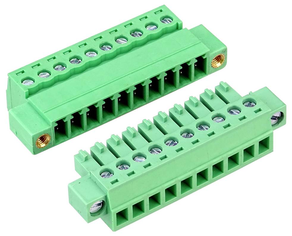 Two green pluggable terminal blocks with screw terminals, shown on a white background.