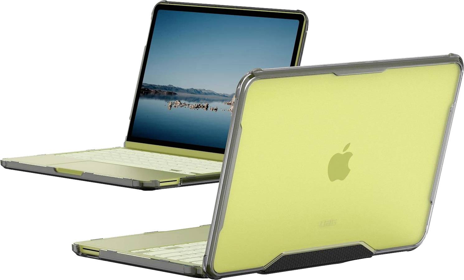 Zwei MacBook-Laptops in hellgrünen Schutzhüllen, einer offen mit einer Landschaftswallpaper und einer geschlossen im Vordergrund.