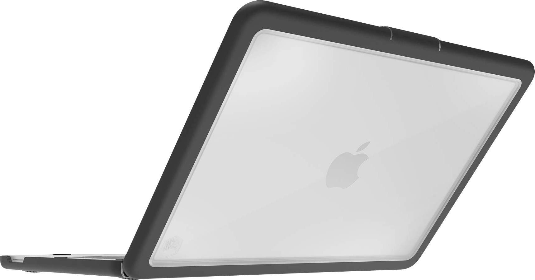 Zugeklappter Apple-Laptop in perspektivischer Ansicht mit überwiegend geschlossenem Deckel, silberner Gehäuse und schwarzem Rahmen vor weißem Hintergrund.
