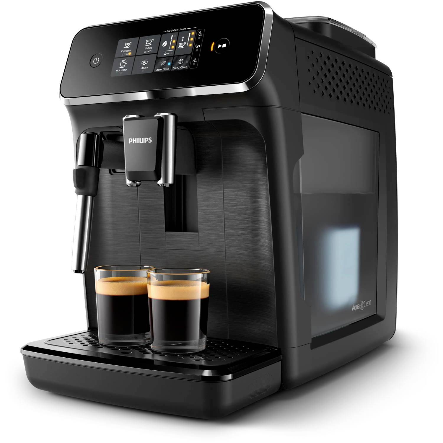 Black Philips automatic espresso machine with milk frother dispensing two small cups of coffee on a tray.