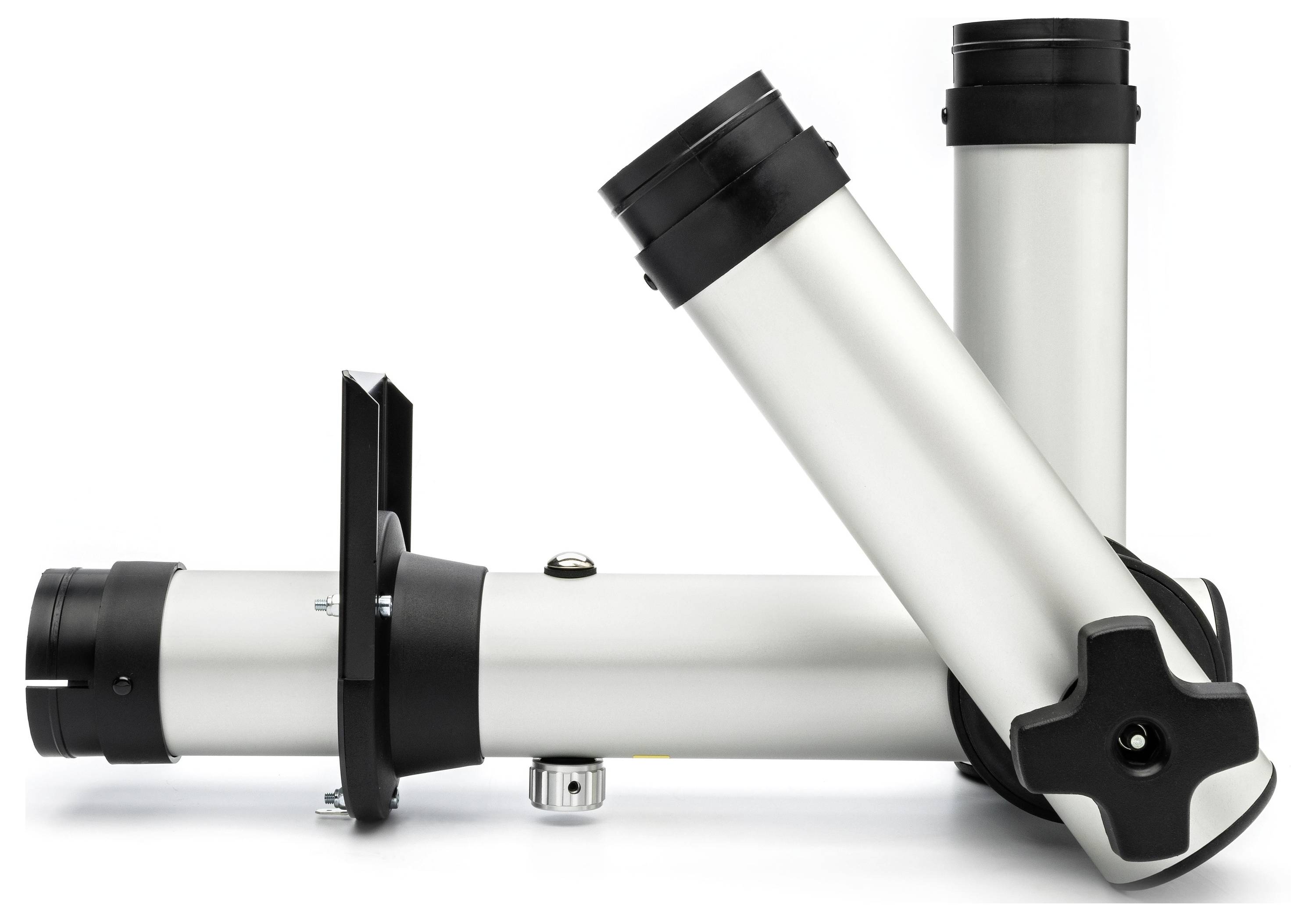 Three silver telescope tubes with black mounts folded together on a white background.