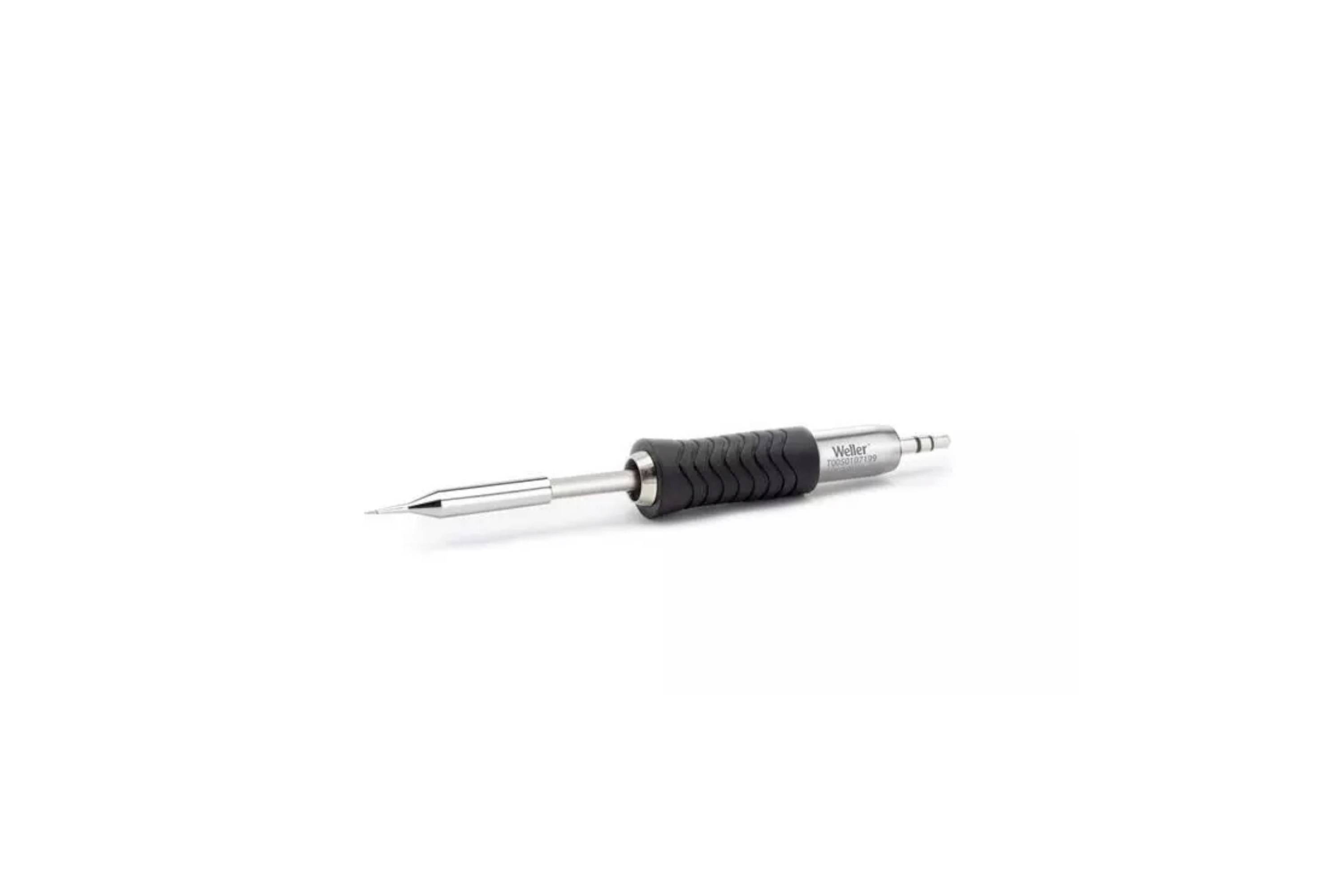 Silver metal precision screwdriver with black rubber grip, shown on a white background.
