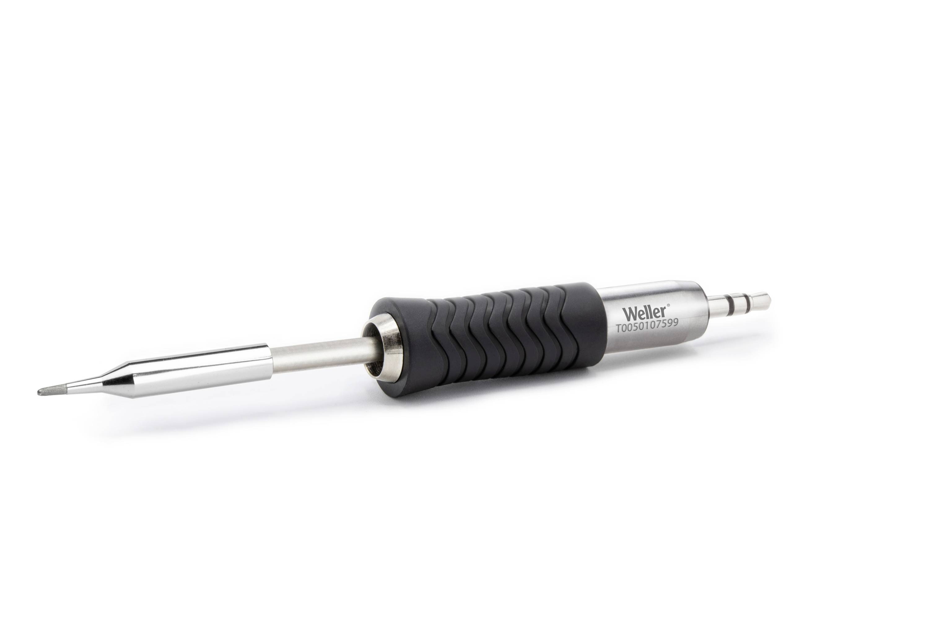 A Weller soldering iron with a black rubber grip and metal tip on a white background.