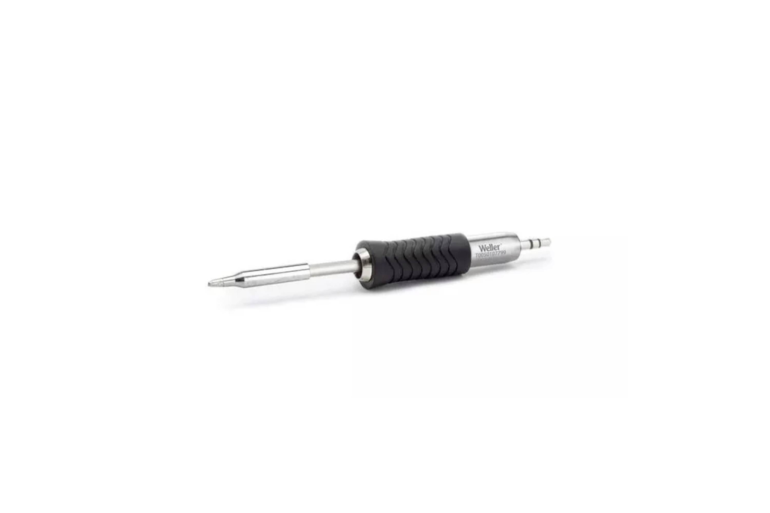 A metal soldering iron with a black rubber grip, shown isolated on a white background.