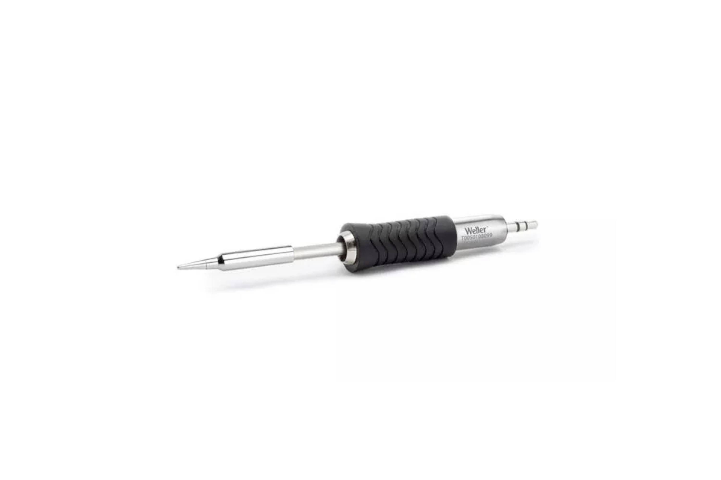 Black and silver soldering iron with pointed metal tip on a white background