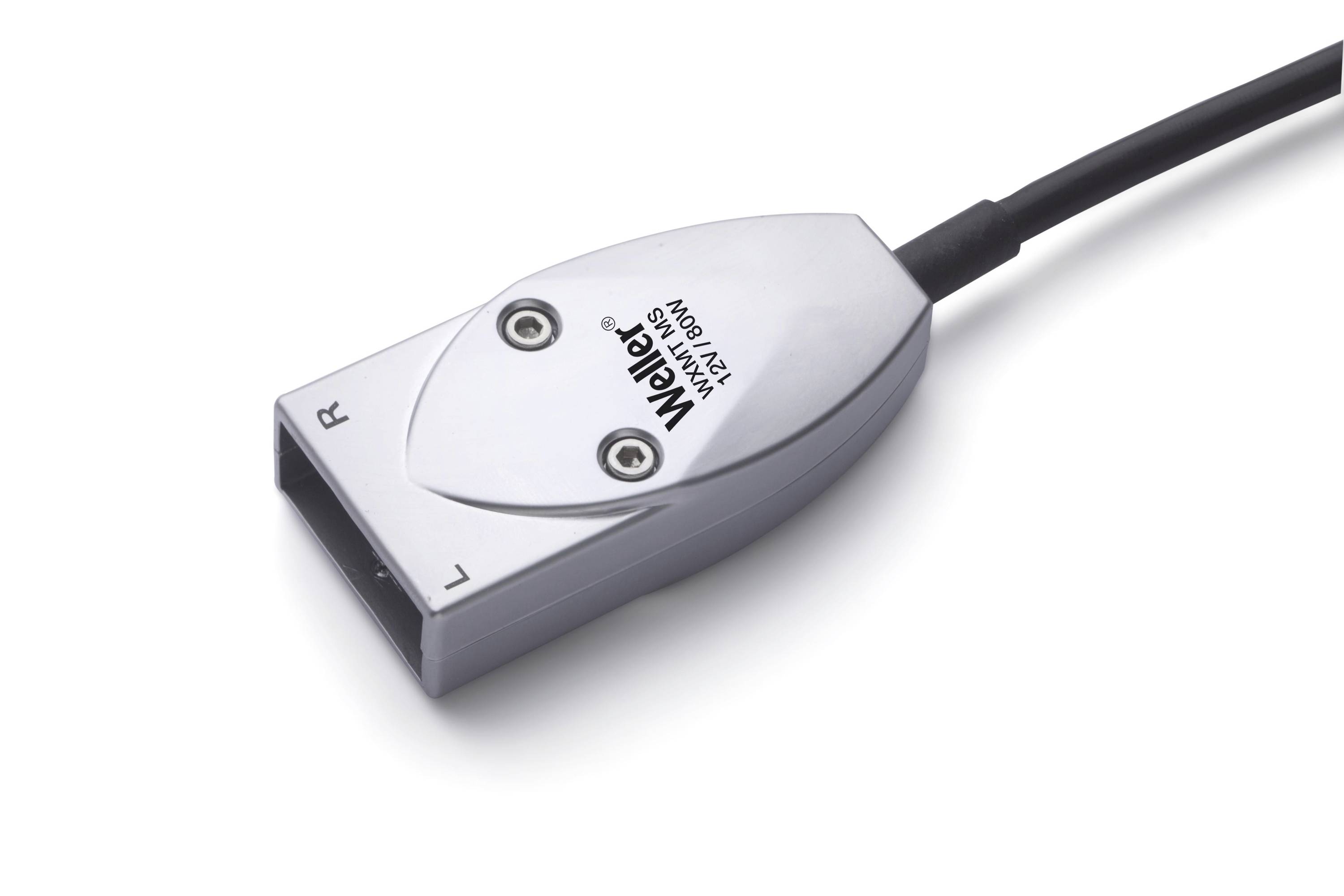 Close-up of a wired medical sensor probe with a silver casing and black cable, labeled 'Weller' and 'T7X-1'.