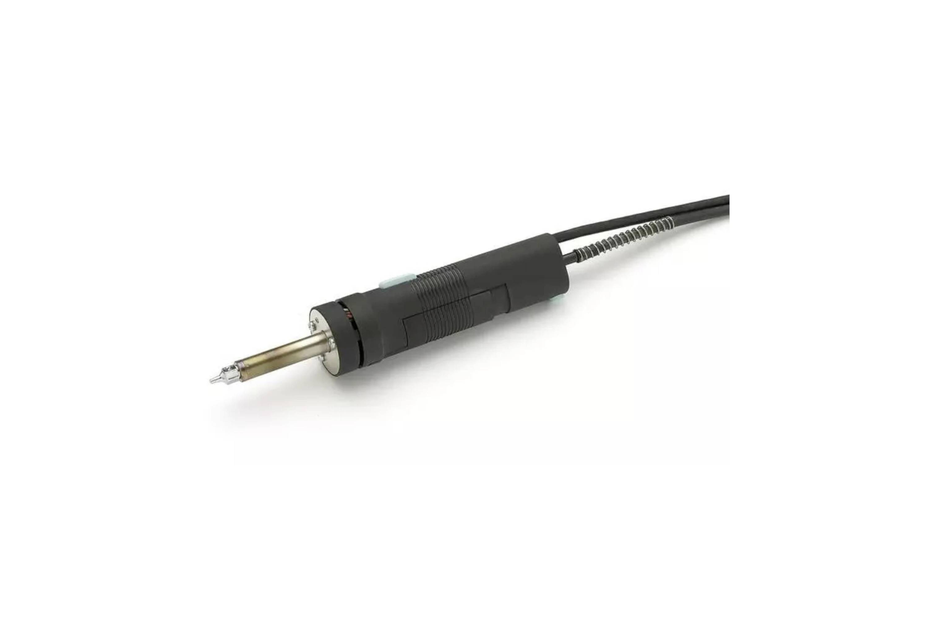 Close-up of a black soldering iron with a metal tip and attached power cord on a white background.