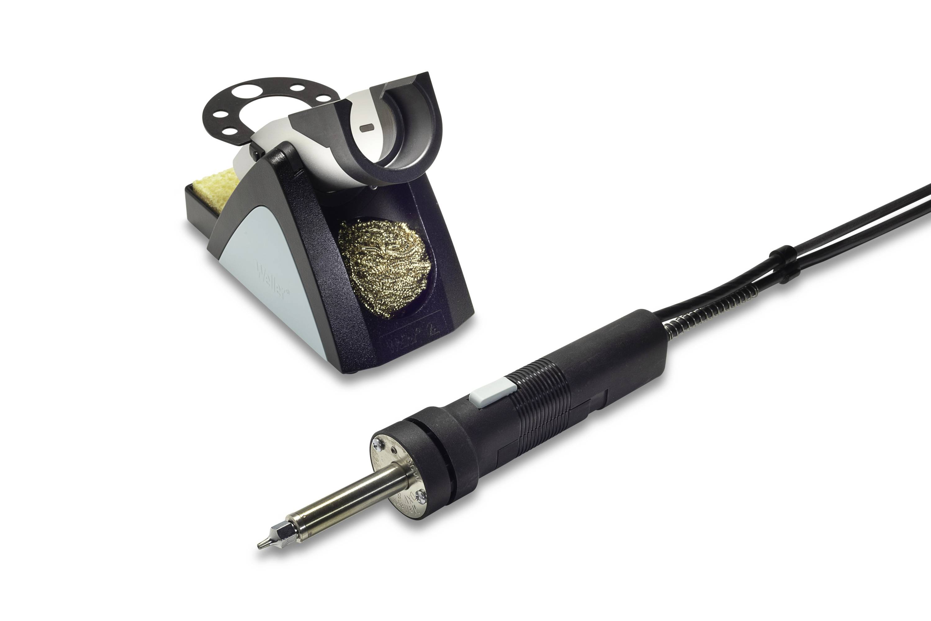 Soldering iron with a holder, showing the hot tool resting in a stand on a white background.