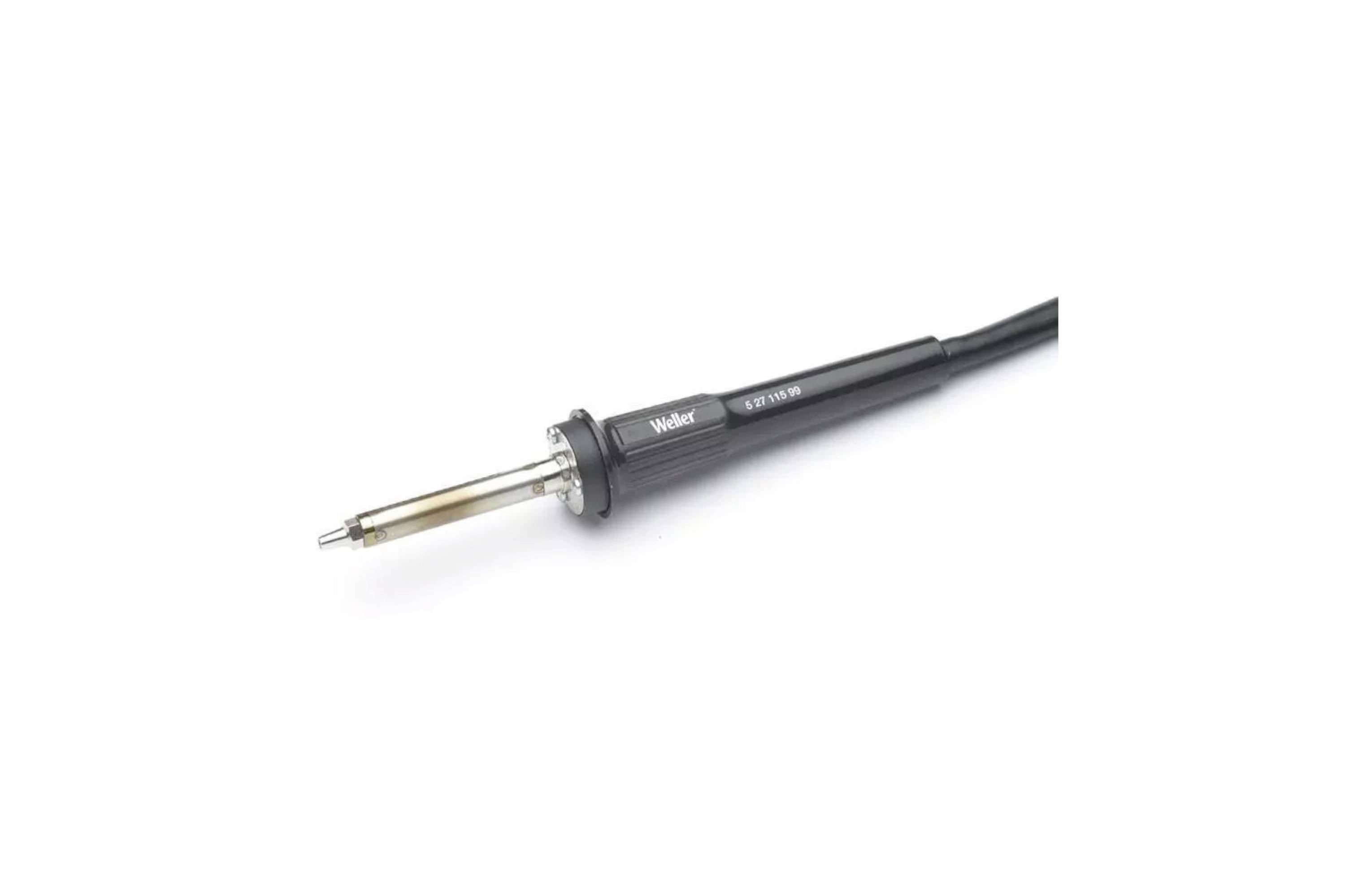 Black soldering iron with pointed metal tip on a plain white background.