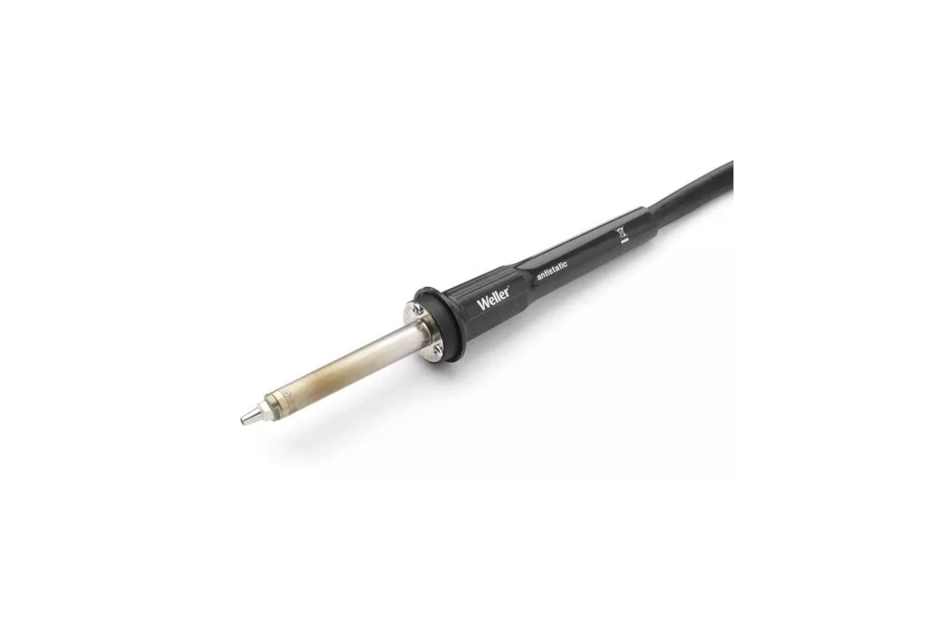 Close-up of a soldering iron with a black handle and metal tip on a white background.
