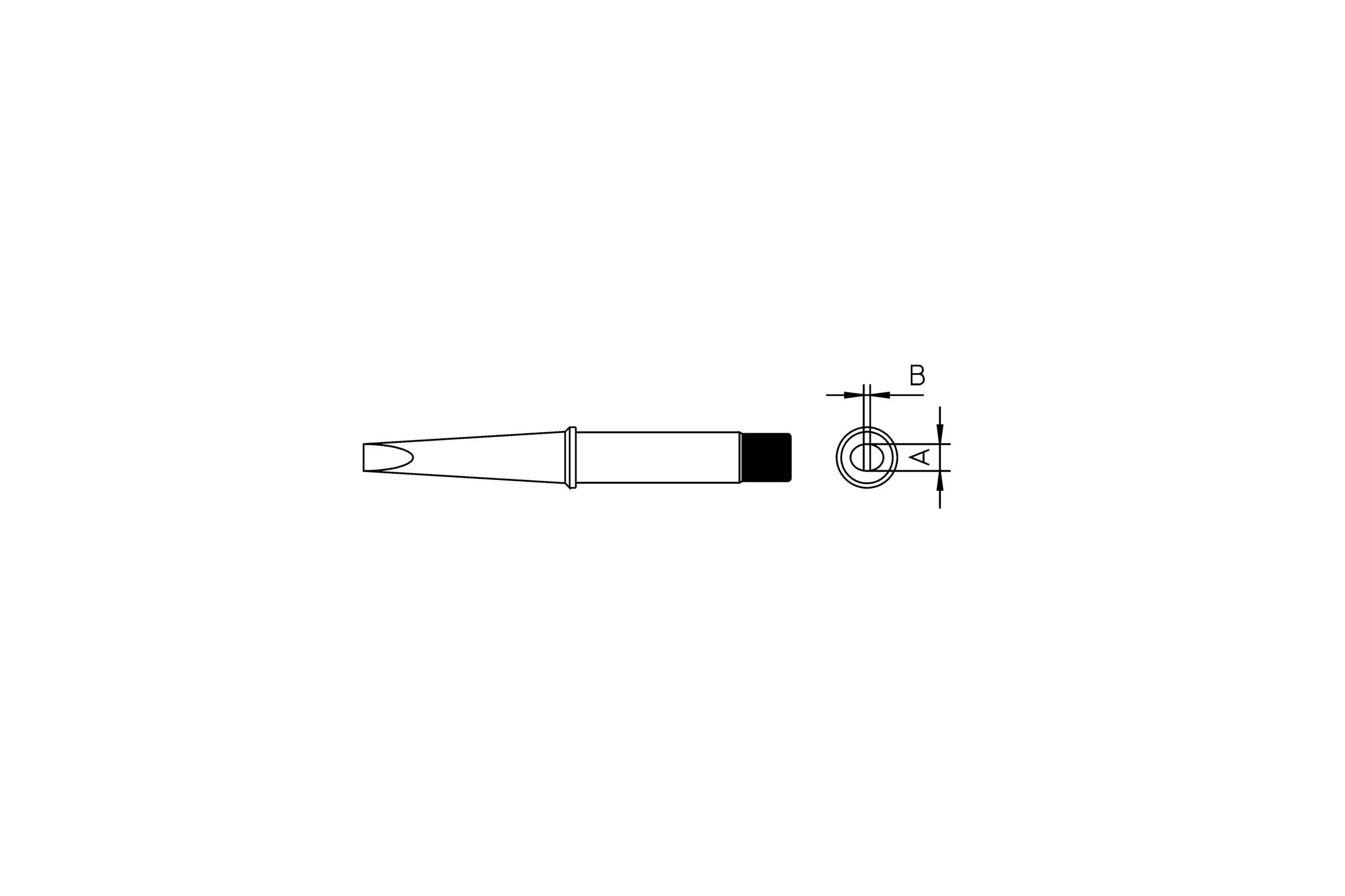Technical drawing of a cylindrical tool or fastener shown from side and end views, with dimension labels B and A indicating measurements.
