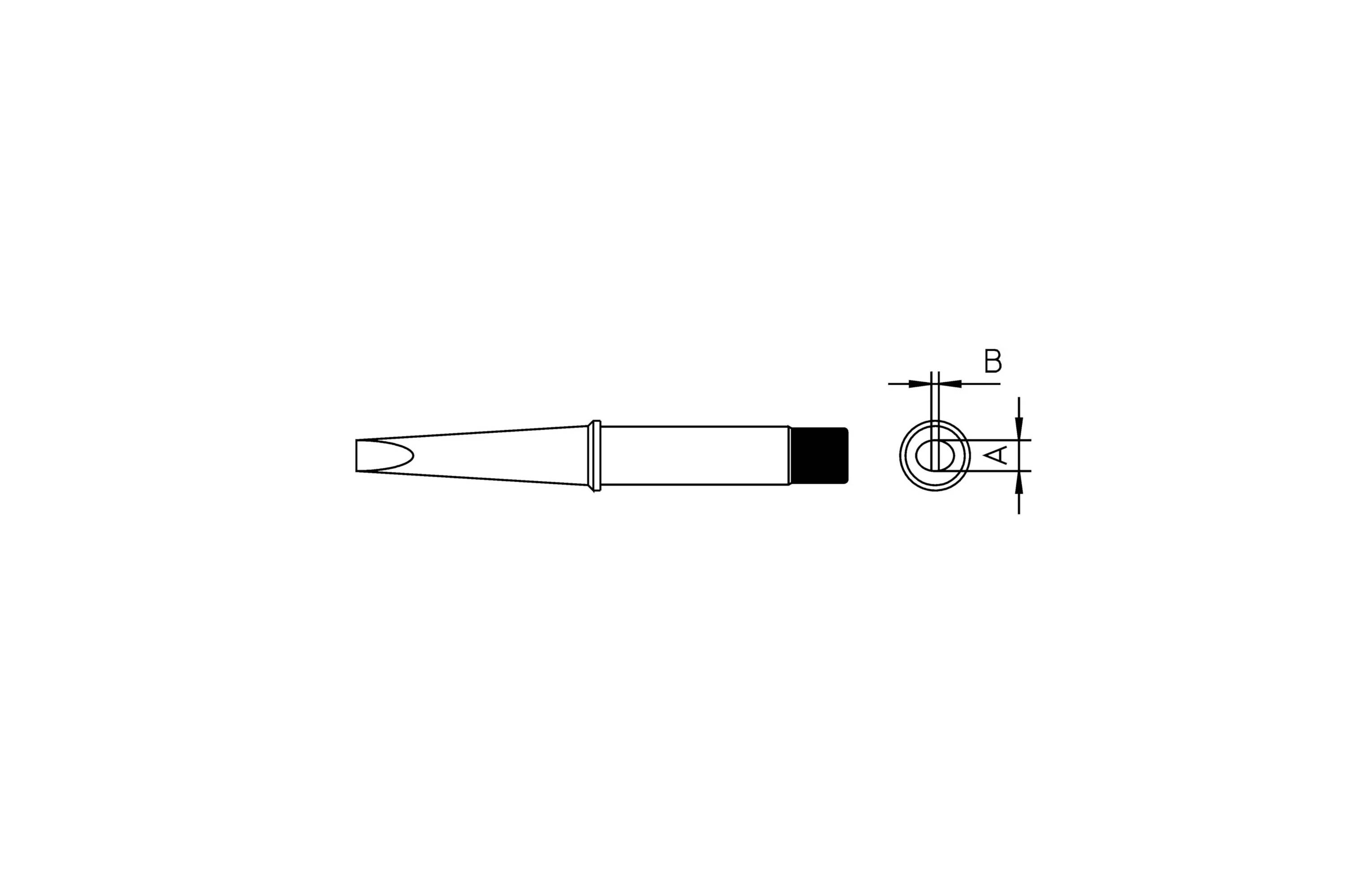 Technical drawing of a cylindrical tool tip and handle, shown in side and end views with dimensions labeled A and B.