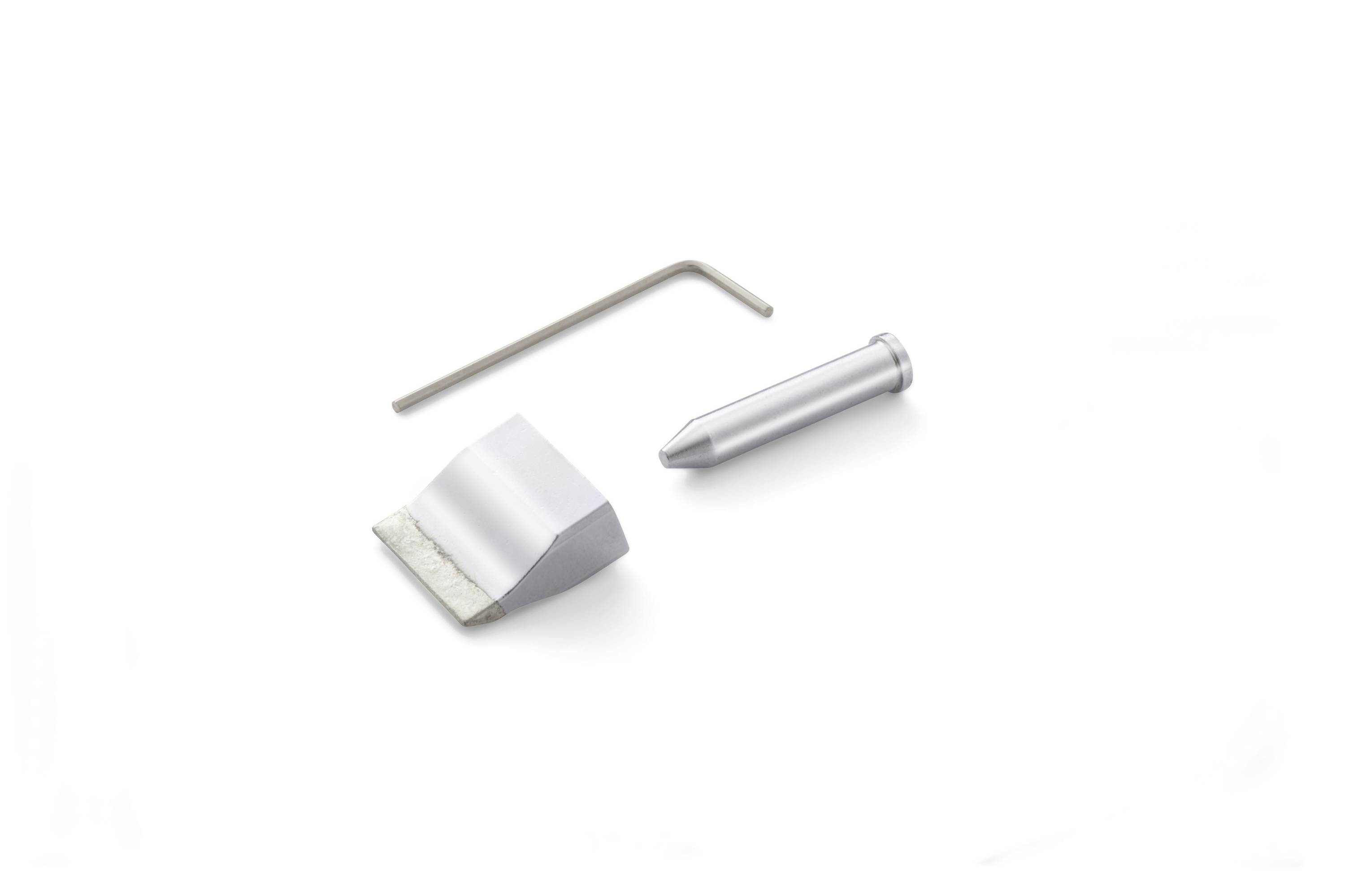 Three metal masonry drill accessories on a white background: a bent hex key, a silver bit, and a small cutting or grinding head.