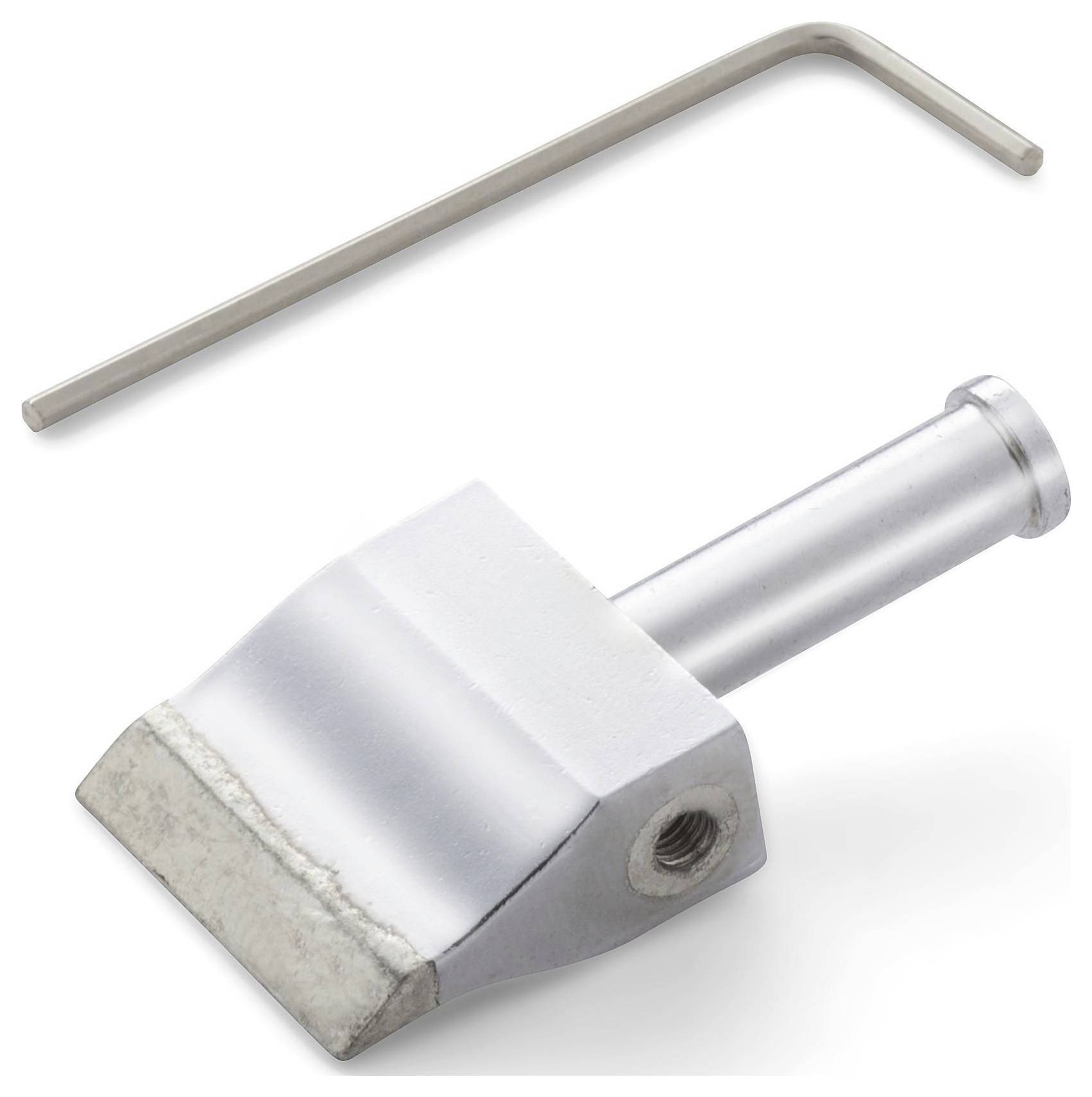 Metal scraper tool with a replaceable blade and included hex key on a white background.