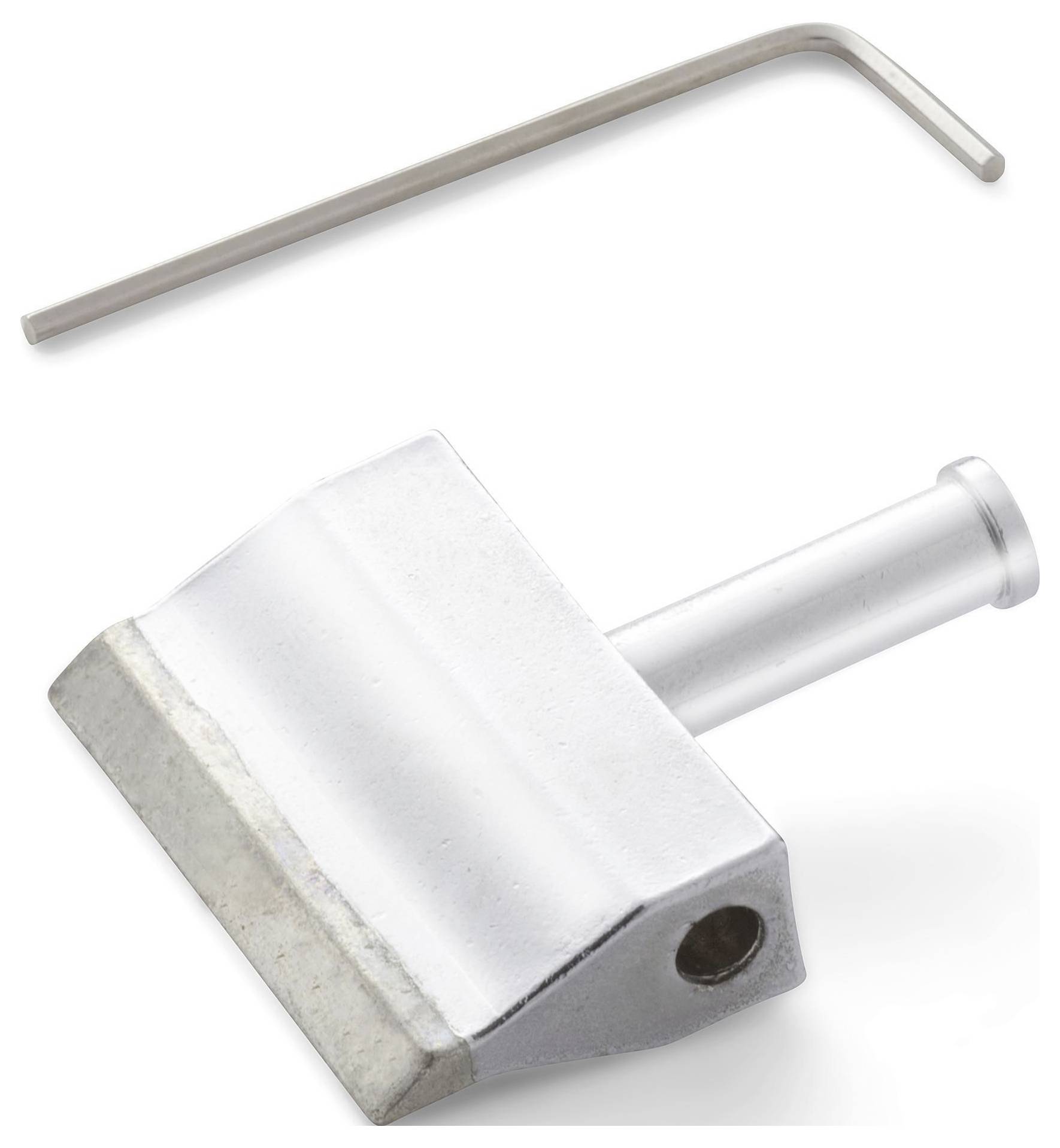 Metal lock cylinder with protruding keyway and included Allen wrench on white background.