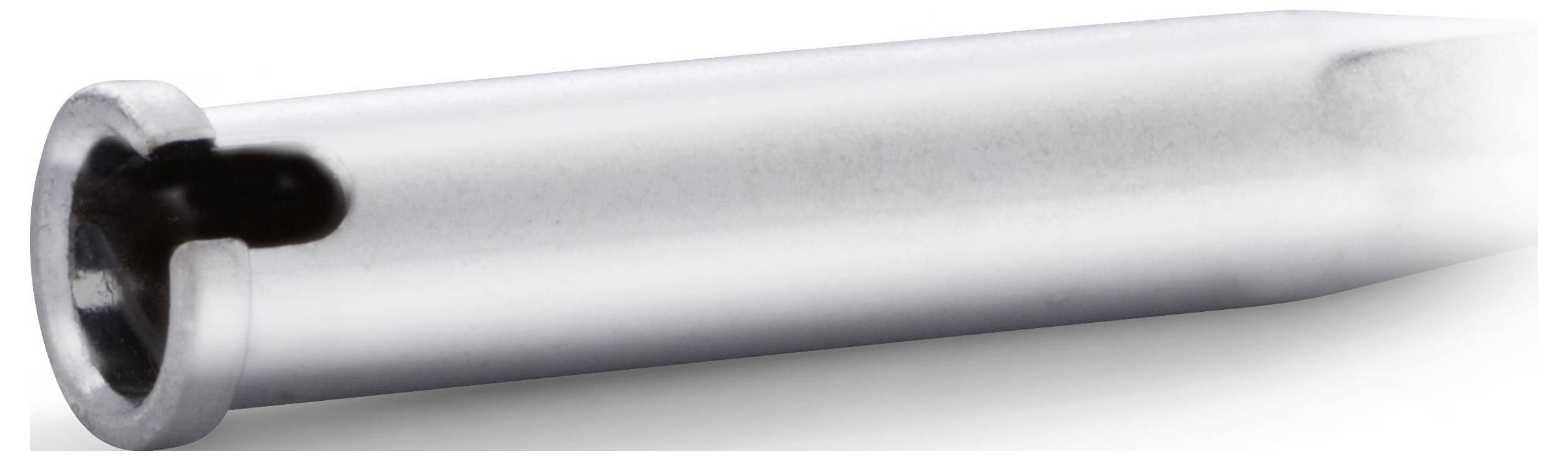Close-up of a silver metal cylindrical tube with a dark circular opening and flanged end, shown diagonally on a white background.