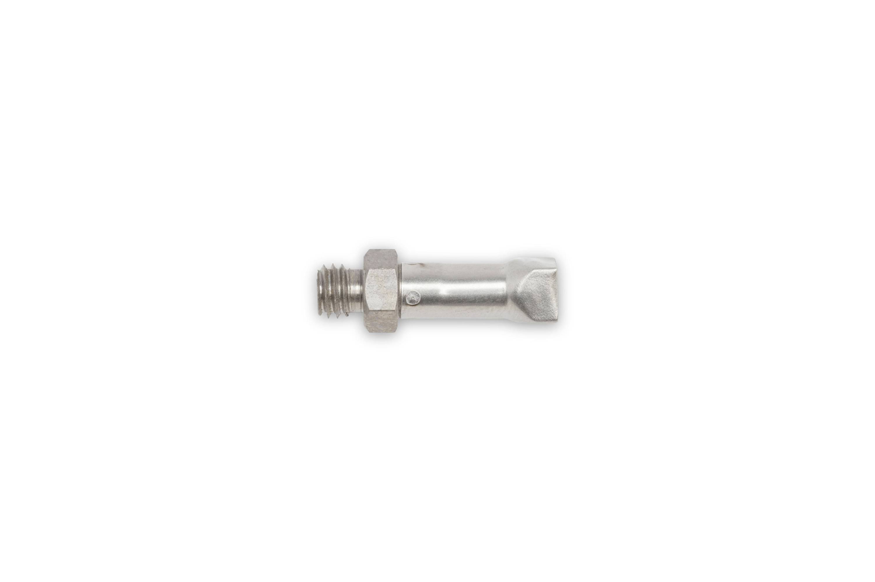 Small metal threaded bolt or fitting on a white background, shown horizontally.